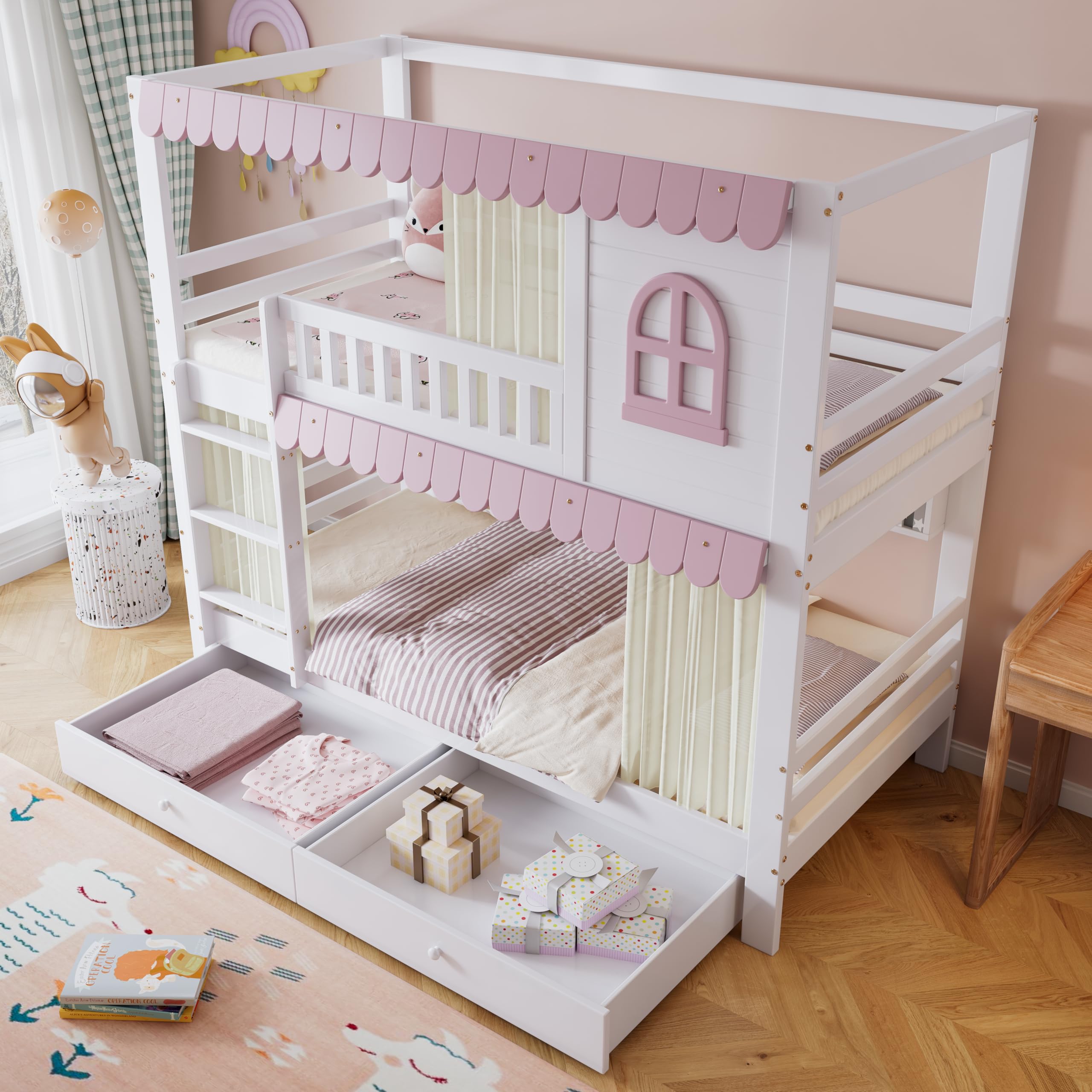 Dalamaní Letto a Castello 90x200 Bianco Rosa con Tenda e Cassetti