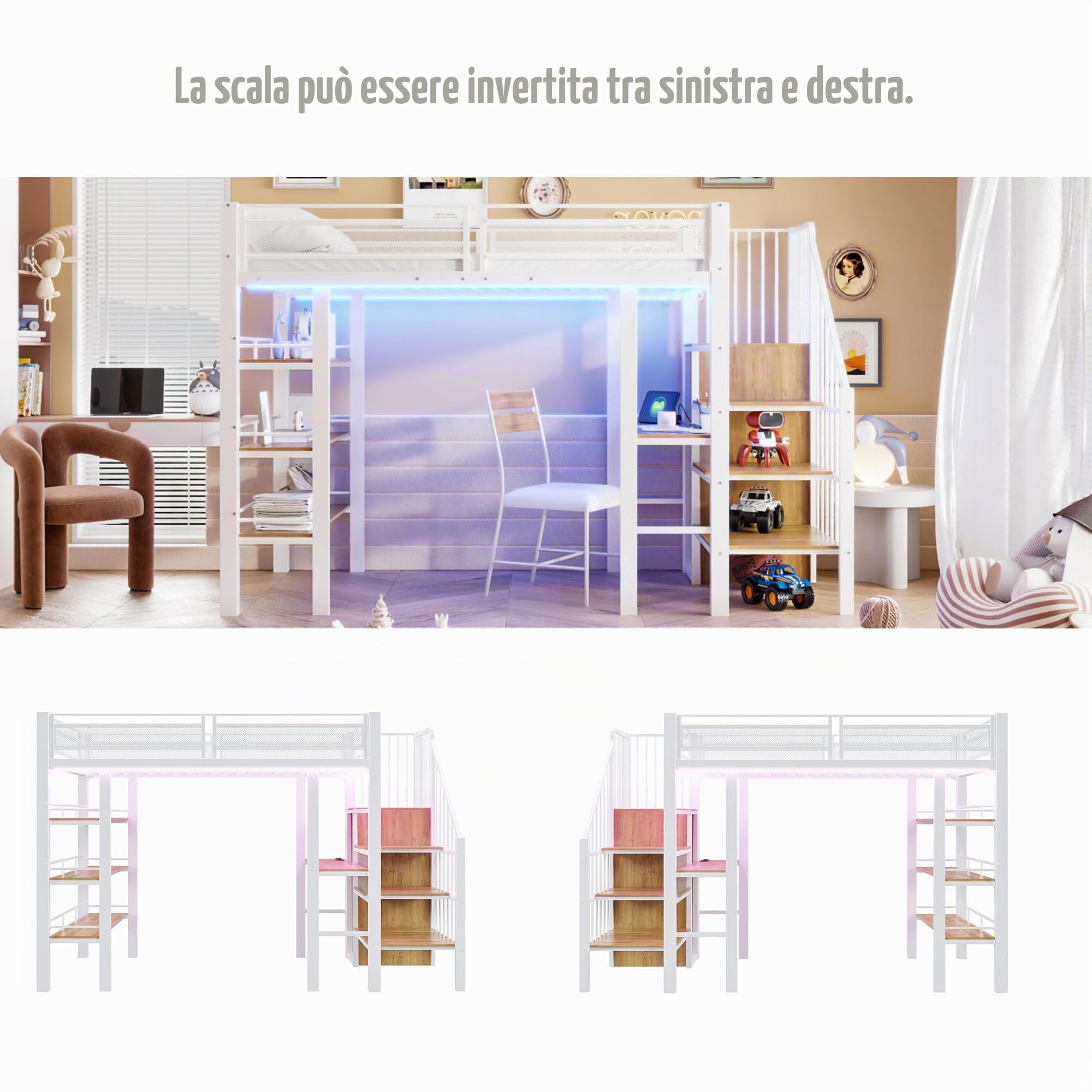 Dolamaní letto a soppalco 90x200 bianco metallo con LED