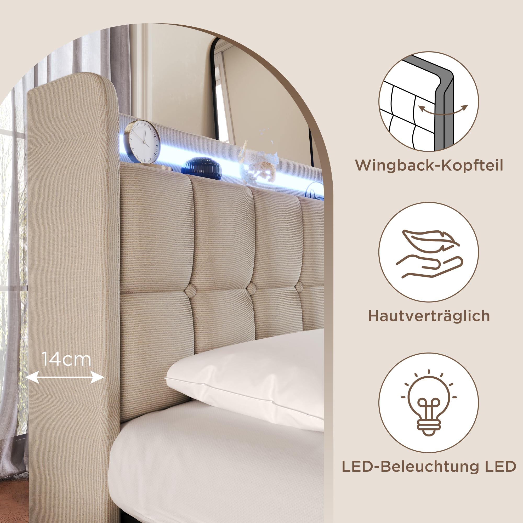Dolamaní Letto Matrimoniale 180x200 Beige 4 Cassetti imbottito