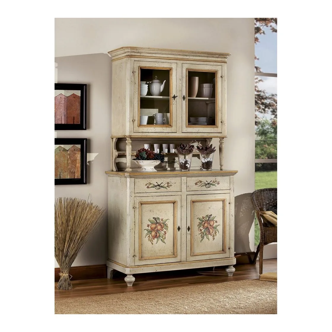 Epocantica Alzata 2 Porte Decorata Vetrina Avorio Antico 108 cm