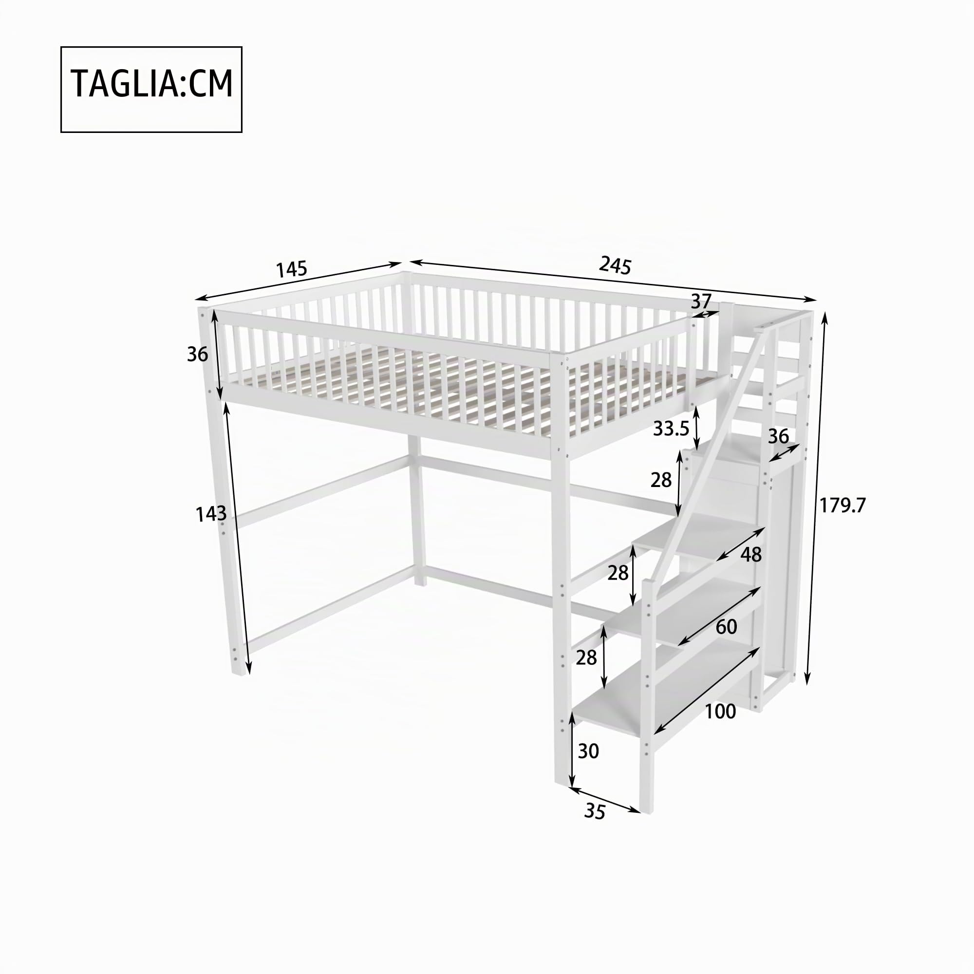 Dolamani letto a soppalco bianco 140x200 in pino con scala