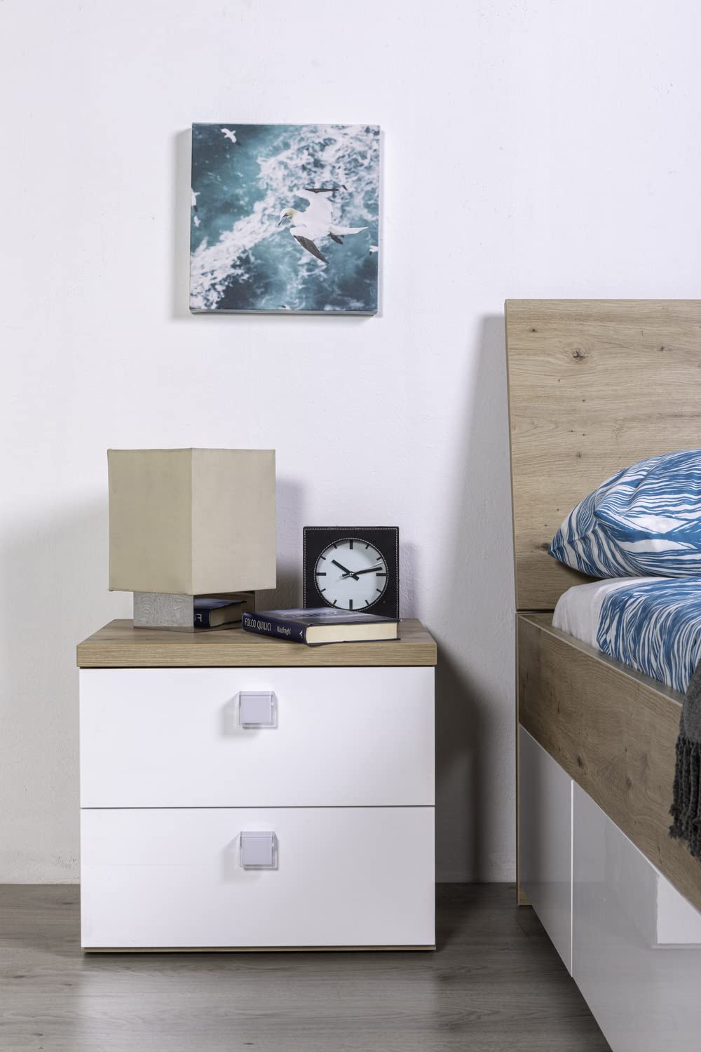 Composad Globo comodino 2 cassetti rovere bianco