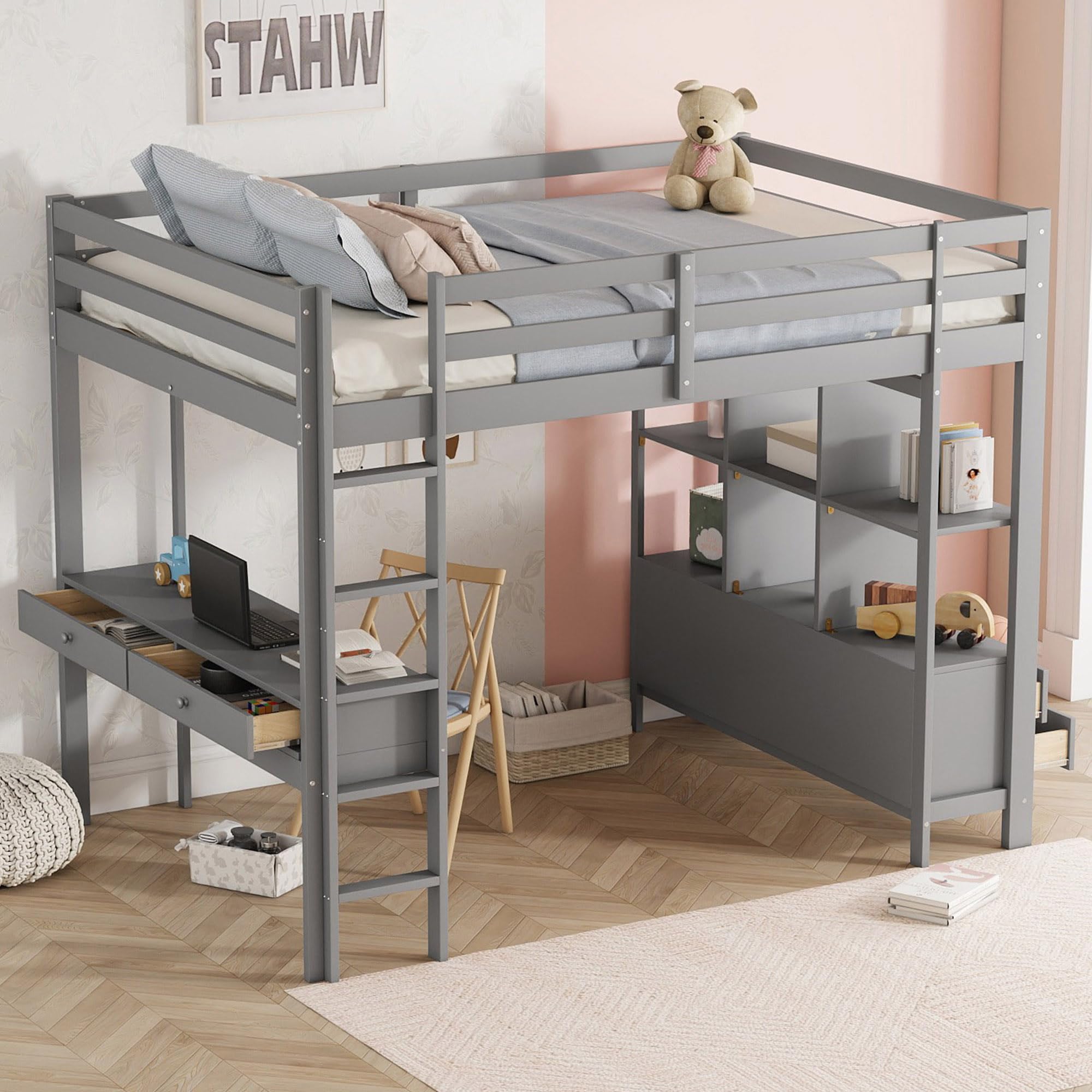 Dolamaní Letto Soppalco 140x200 Grigio con Scrivania e Cassetti