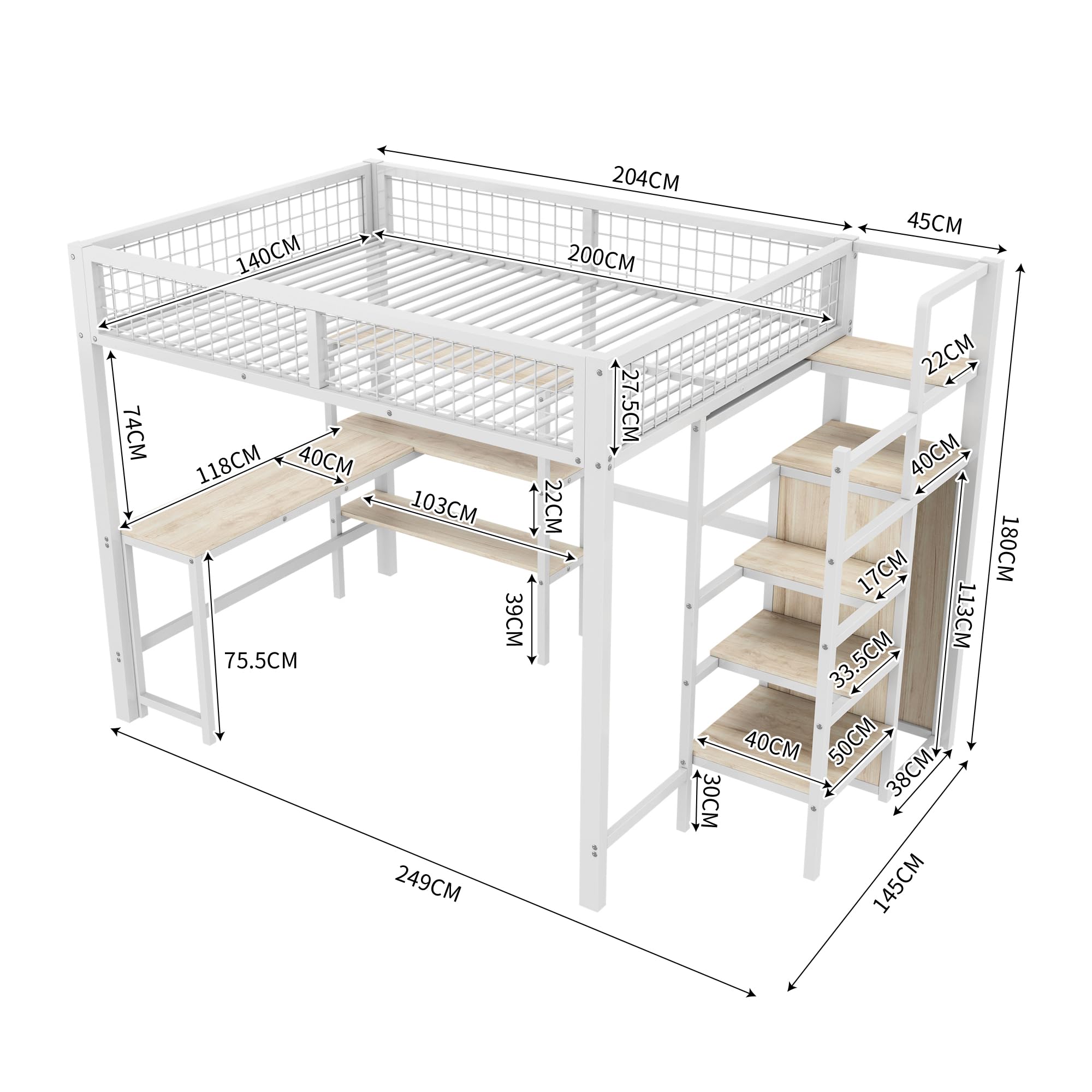 Dolamaní letto soppalco 140x200 bianco con scrivania