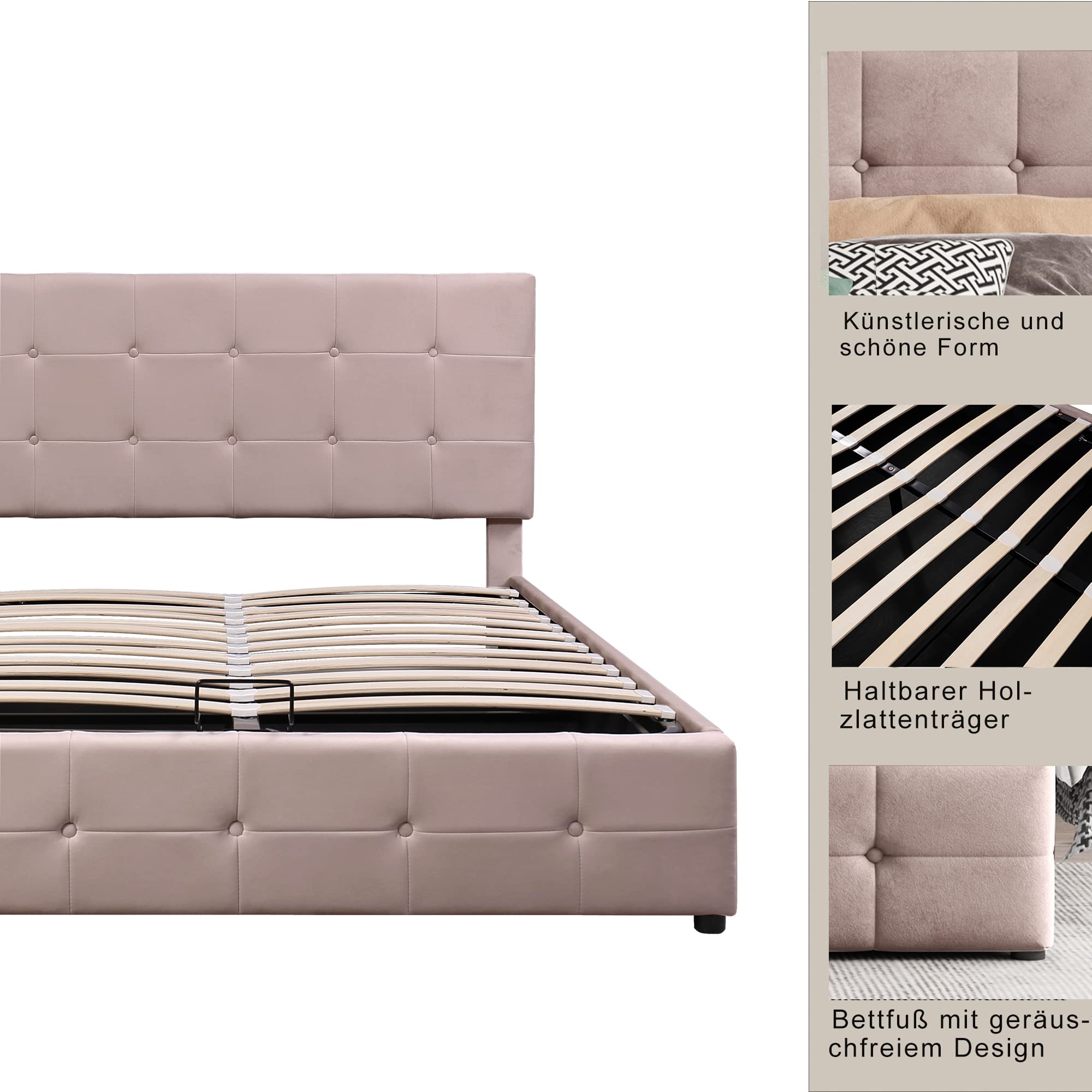 Dolamaní Letto Contenitore 140x200 Rosa in Velluto Idraulico