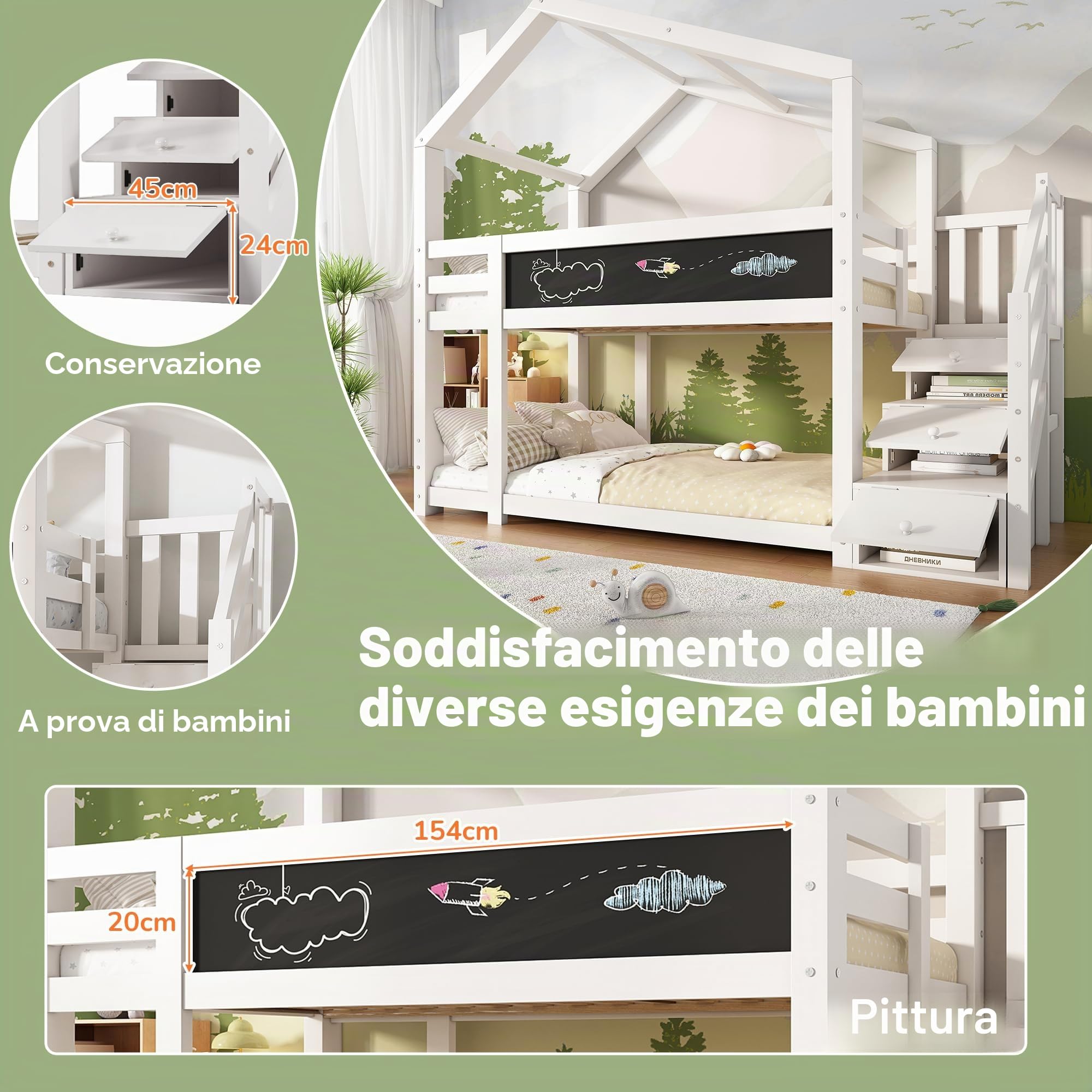 Dolamaní Letto a soppalco 90x200 bianco con scivolo e scala
