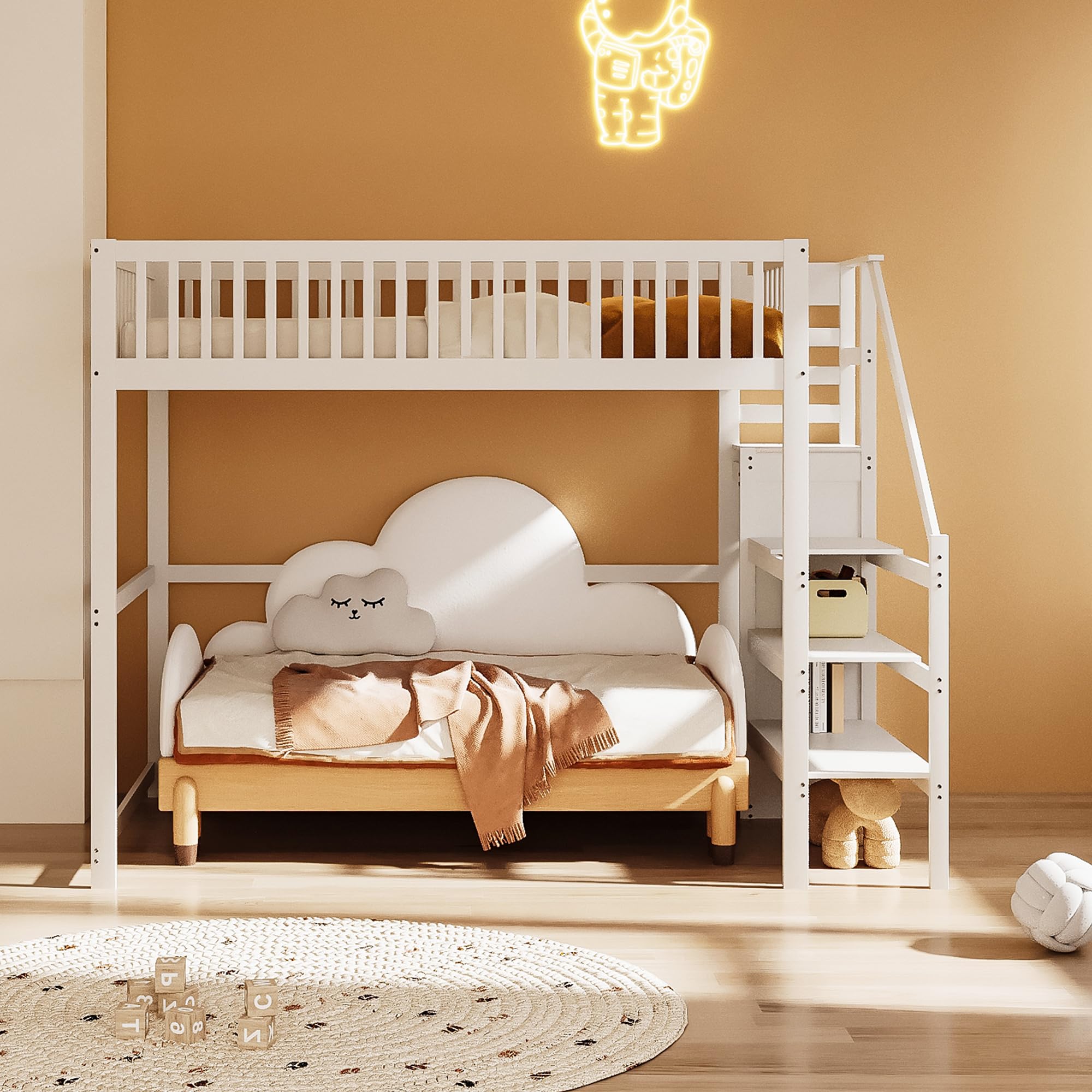 Dolamani letto a soppalco bianco 140x200 in pino con scala