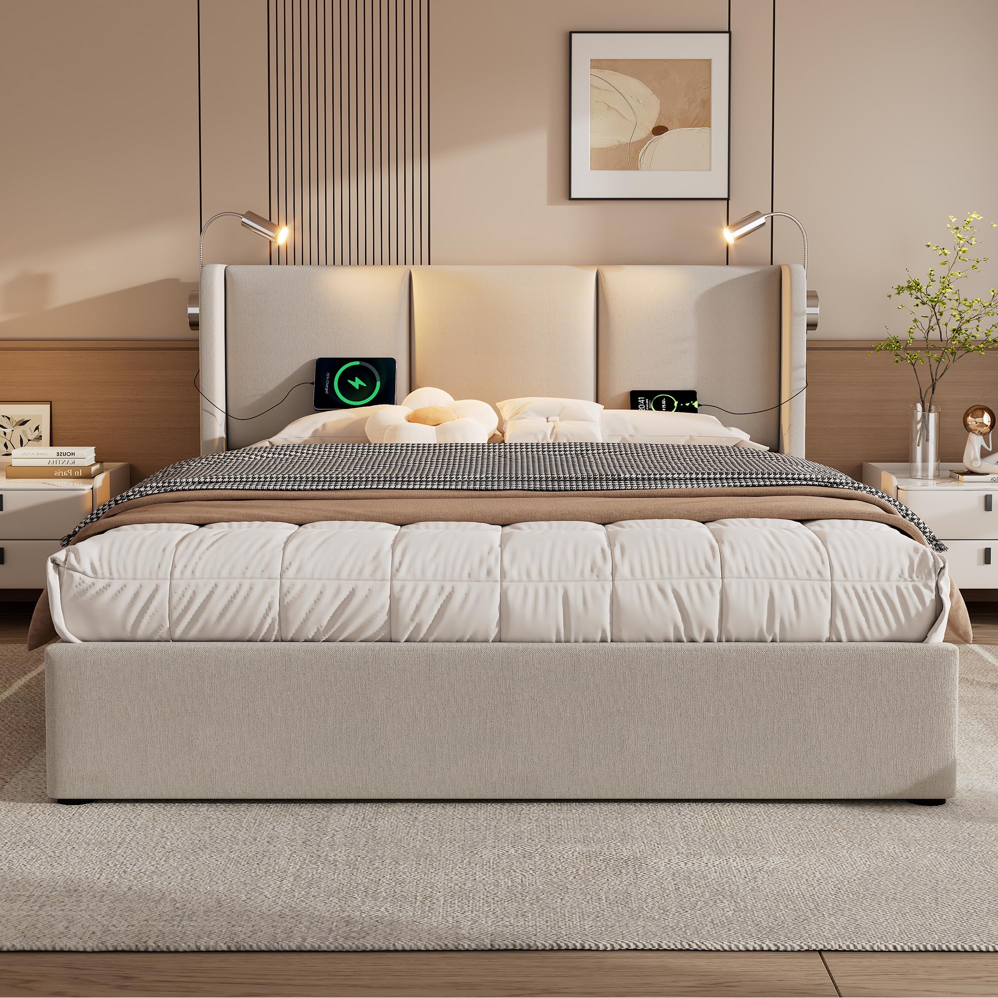 Dolamani letto imbottito beige 140x200 con contenitore in lino
