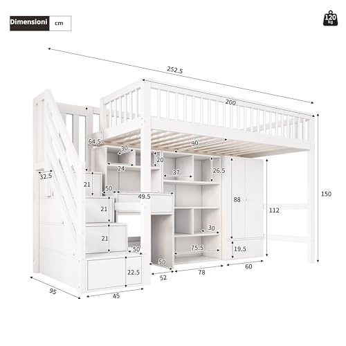 Dolamaní Letto a Soppalco 90x200 con Scrivania Bianco in Legno