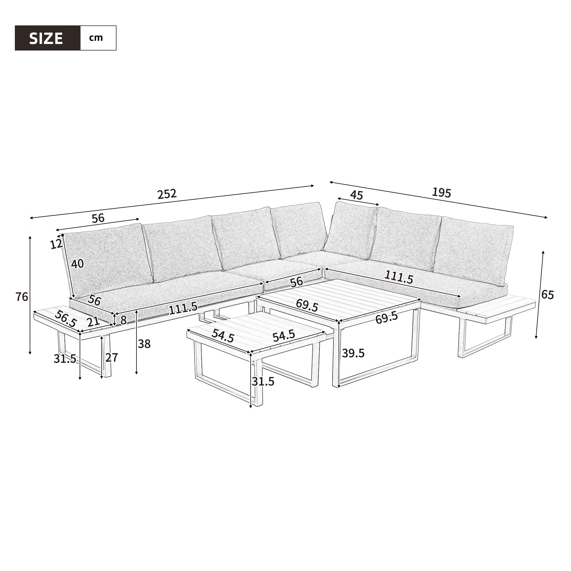 Dolamaní Set lounge giardino 5 posti beige-nero reclinabile