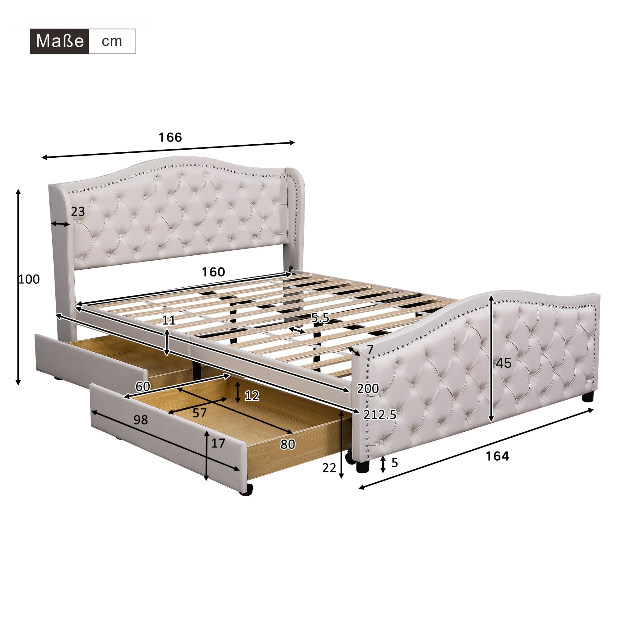 Dolamaní Letto matrimoniale 140x200 bianco con cassetti