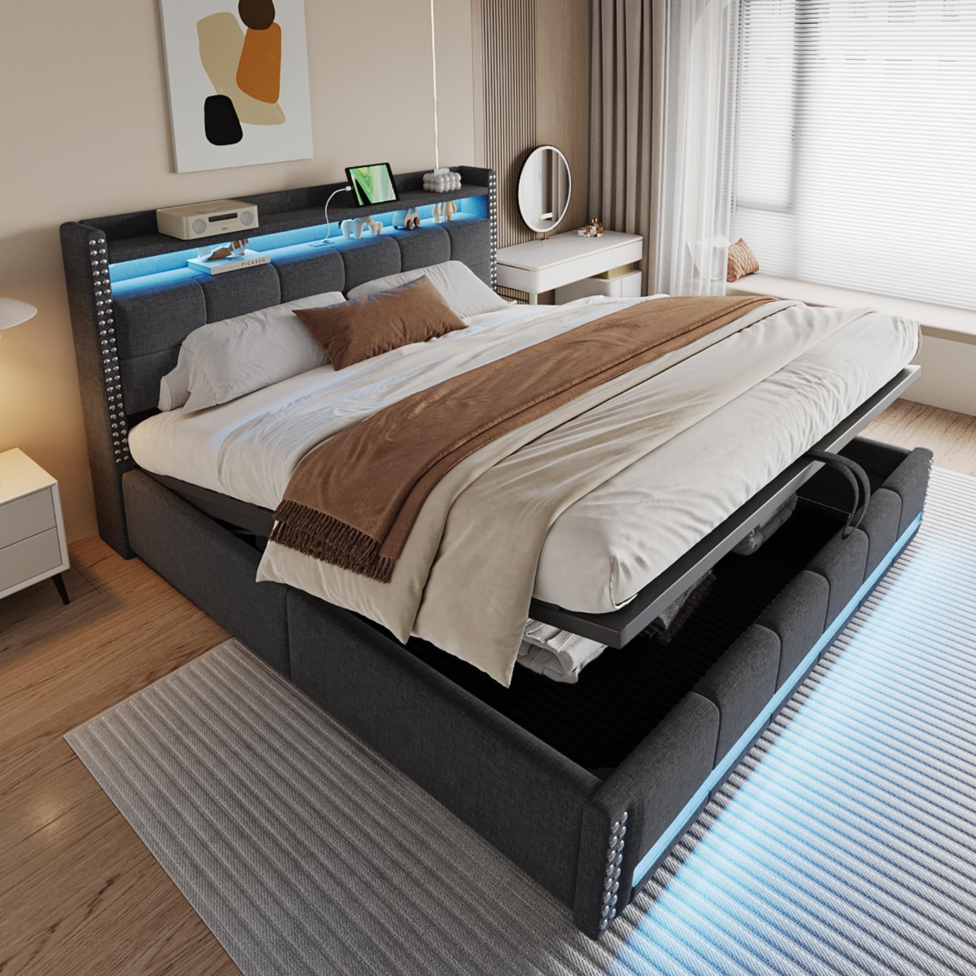 Dolamaní Letto contenitore 180x200 grigio lino LED USB