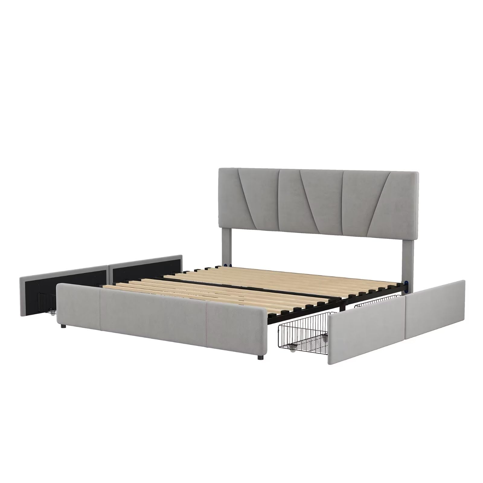 Dalamaní Letto Imbottito Velluto 160x200 Grigio 4 Cassetti