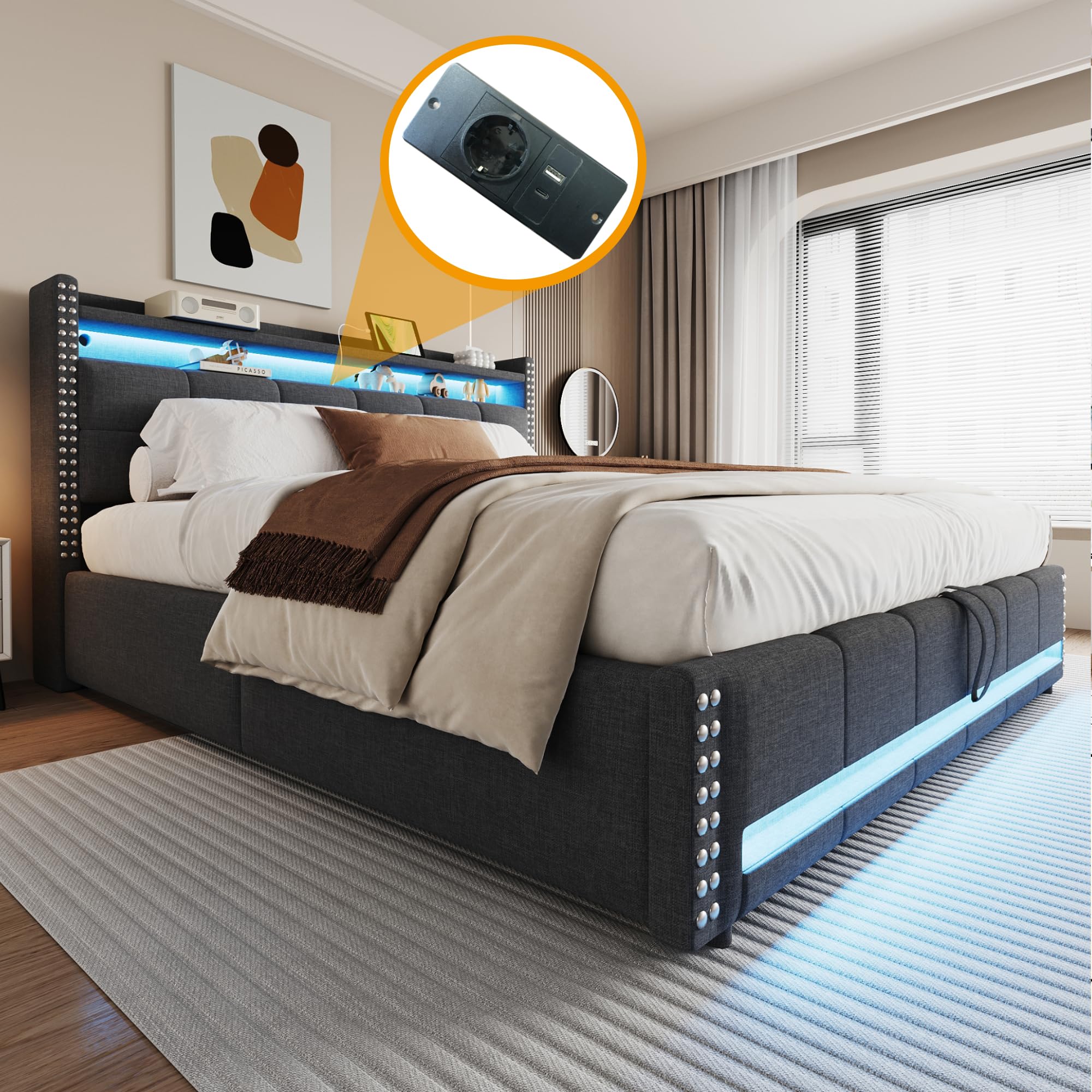 Dolamaní Letto contenitore 180x200 grigio lino LED USB