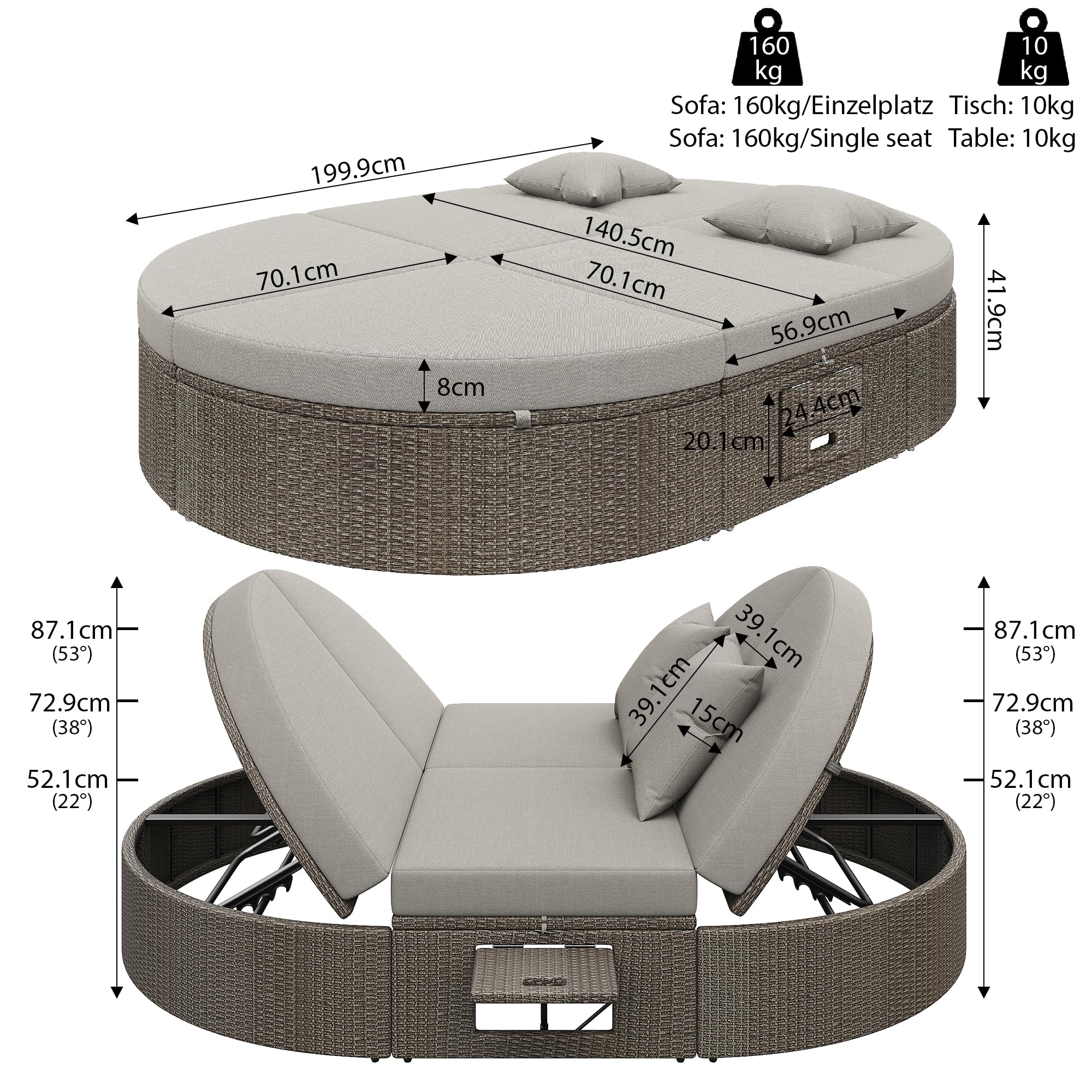 Dolamani lettino prendisole rattan 2 posti 200x140 reclinabile