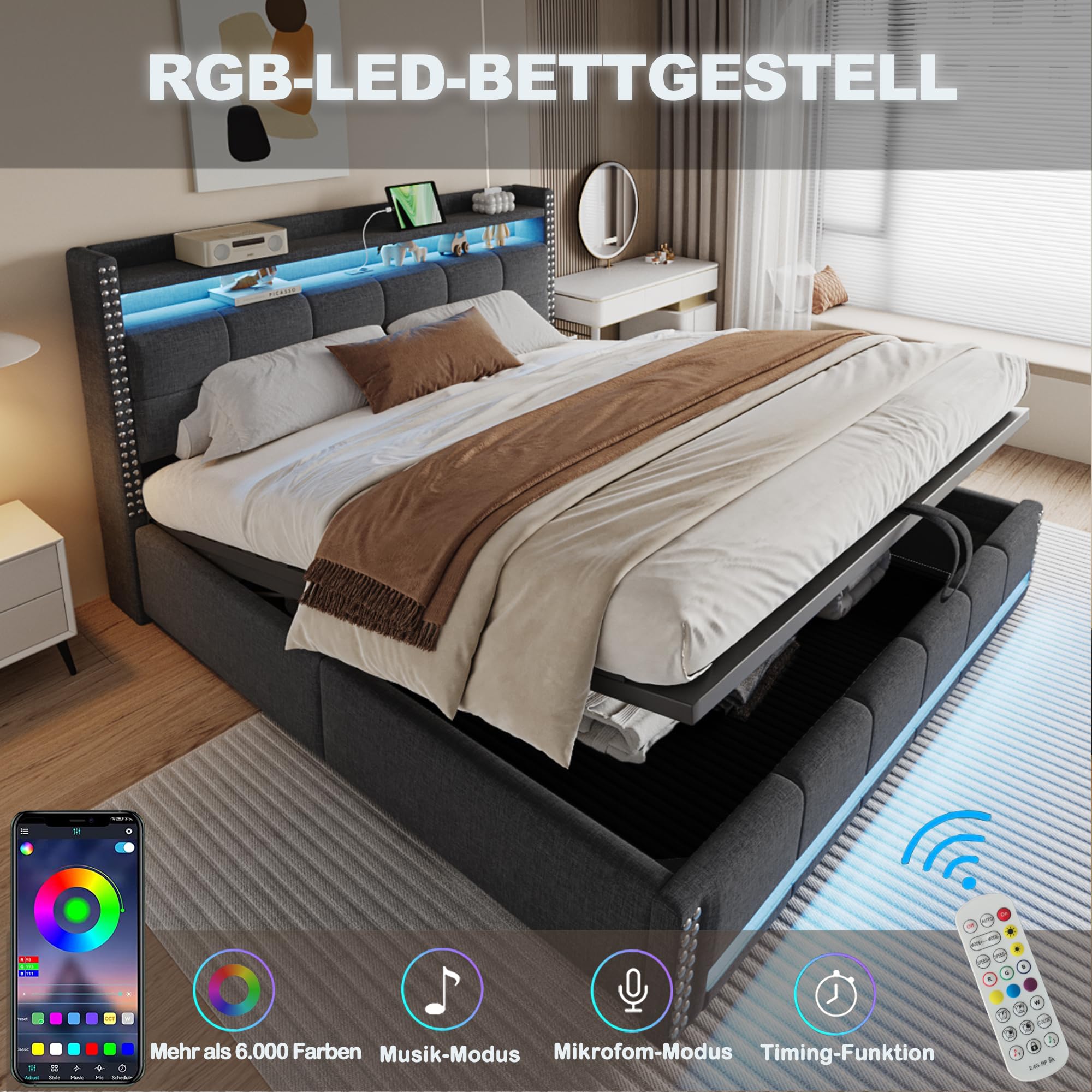 Dolamaní Letto contenitore 180x200 grigio lino LED USB
