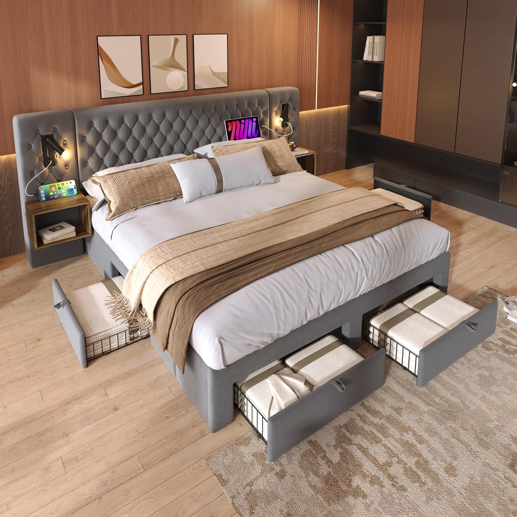 Dolamaní Letto Grigio 160x200 con Cassetti Velluto USB