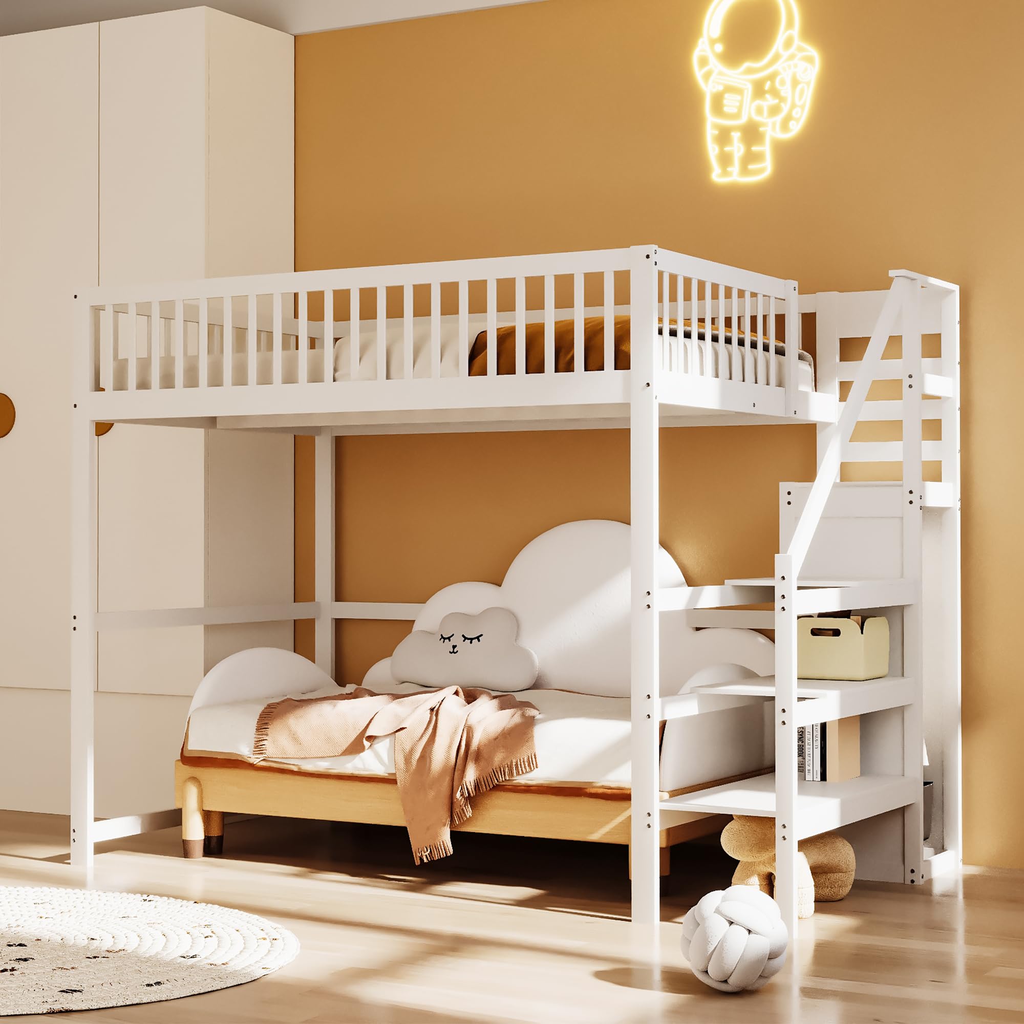 Dolamani letto a soppalco bianco 140x200 in pino con scala