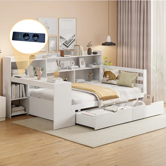 Dolamaní Letto 90x200 con scrivania e cassetti bianco
