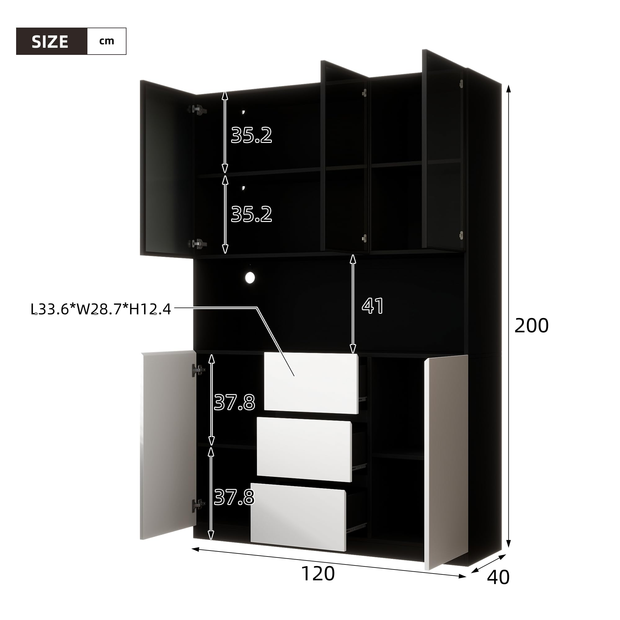 Dolamaní Vetrina LED Bianco Nero 120x40x200 con Cassetti