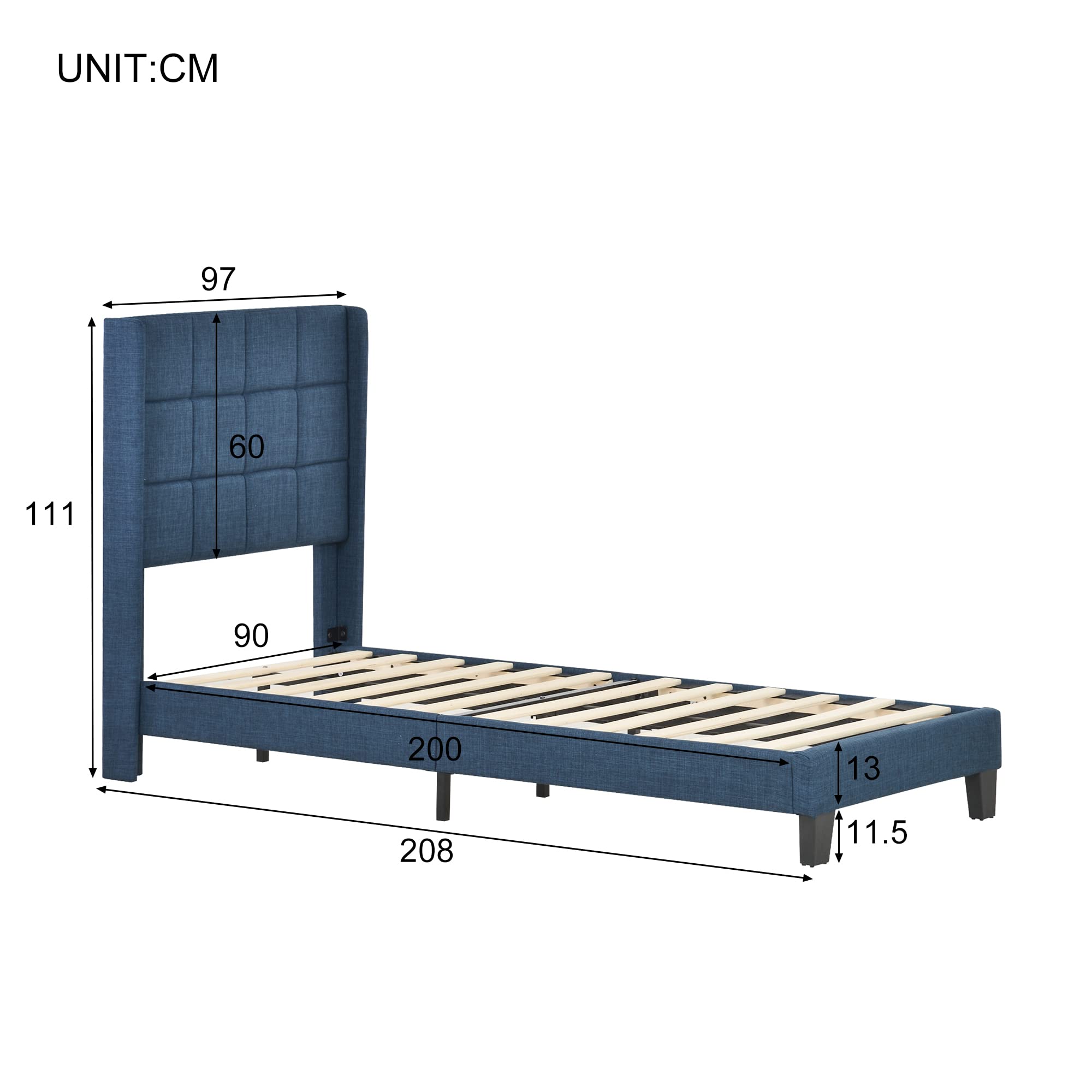 Dolamaní Letto singolo imbottito 90x200 blu in lino
