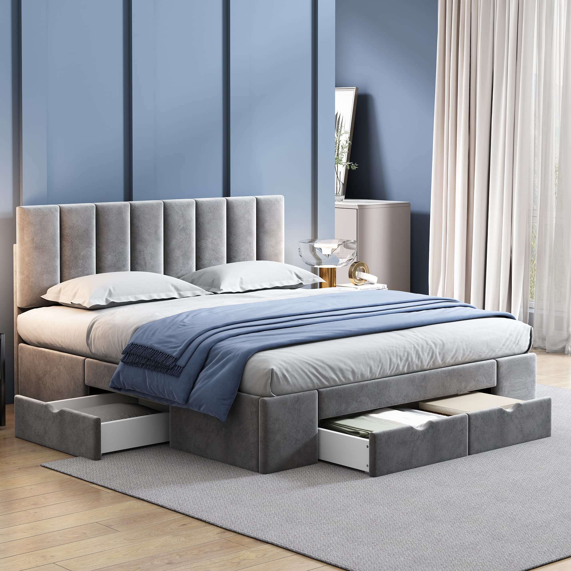 Dolamaní Letto matrimoniale 160x200 velluto grigio con 4 cassetti
