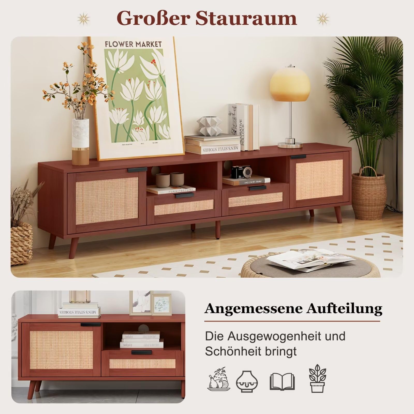 Dolamaní mobile TV rattan 200 cm rosso-marrone noce