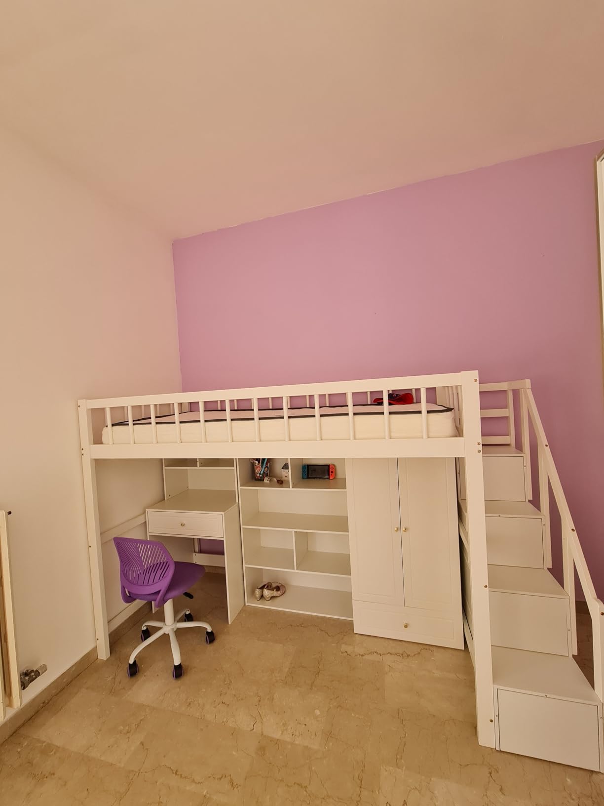 Dolamaní Letto a Soppalco 90x200 con Scrivania Bianco in Legno