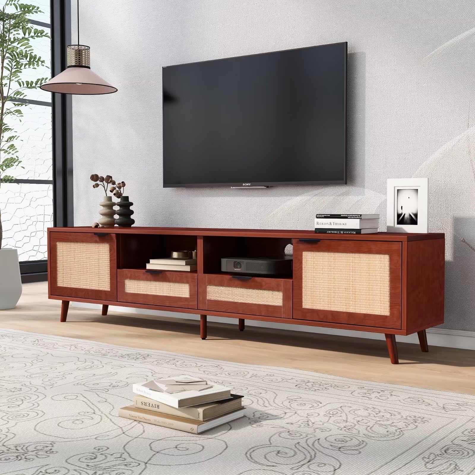 Dolamaní mobile TV rattan 200 cm rosso-marrone noce