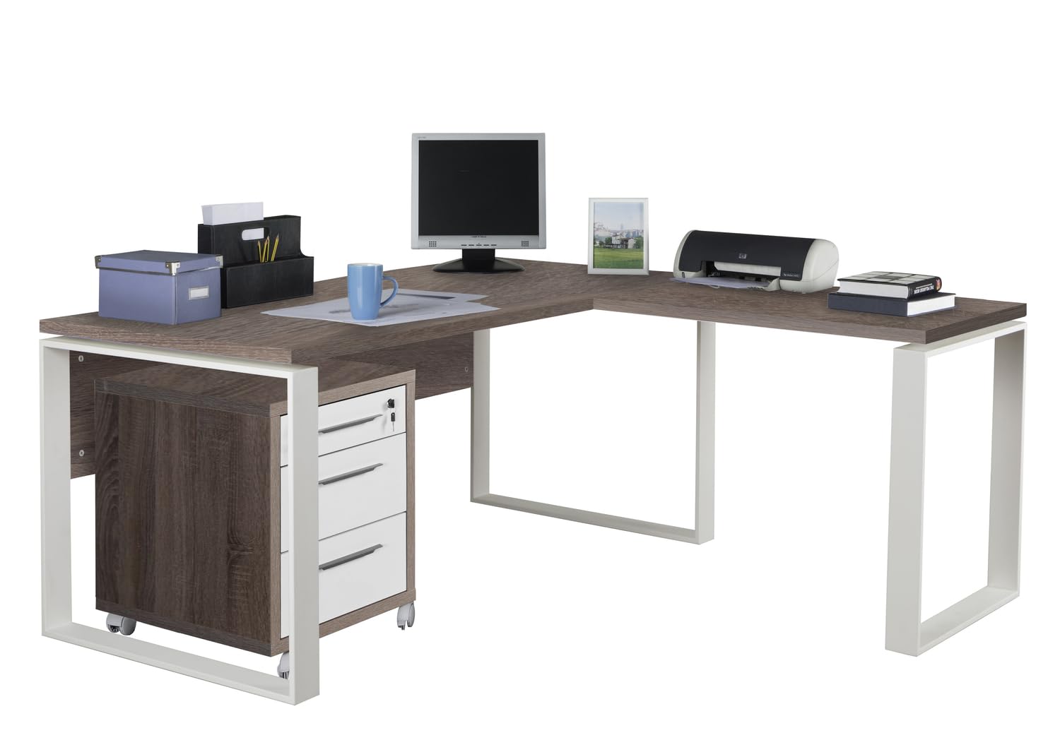 COMPOSAD Disegno Scrivania Angolare K04 Bianco 170 con Cassettiera