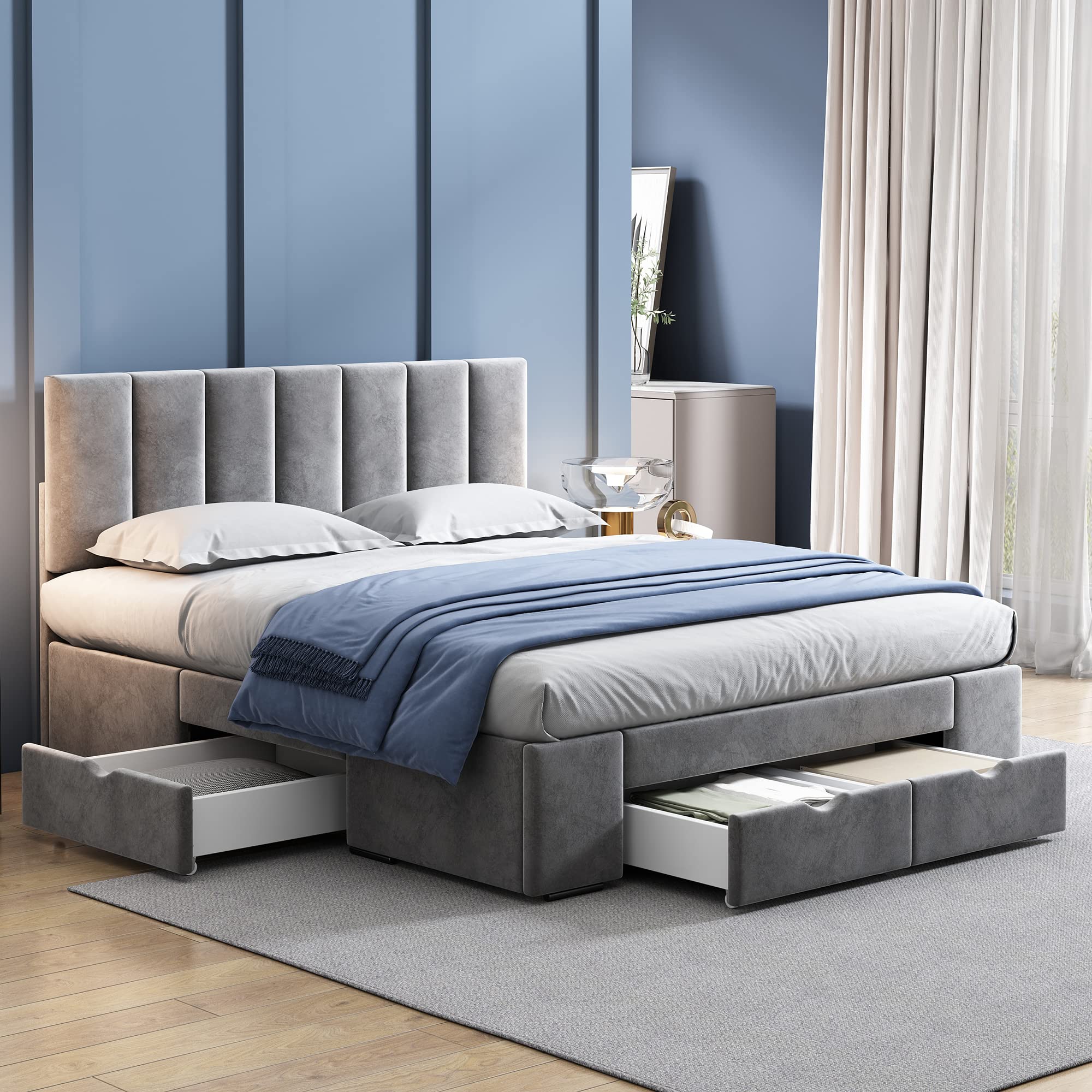Dolamaní Letto matrimoniale 140x200 velluto grigio con 4 cassetti