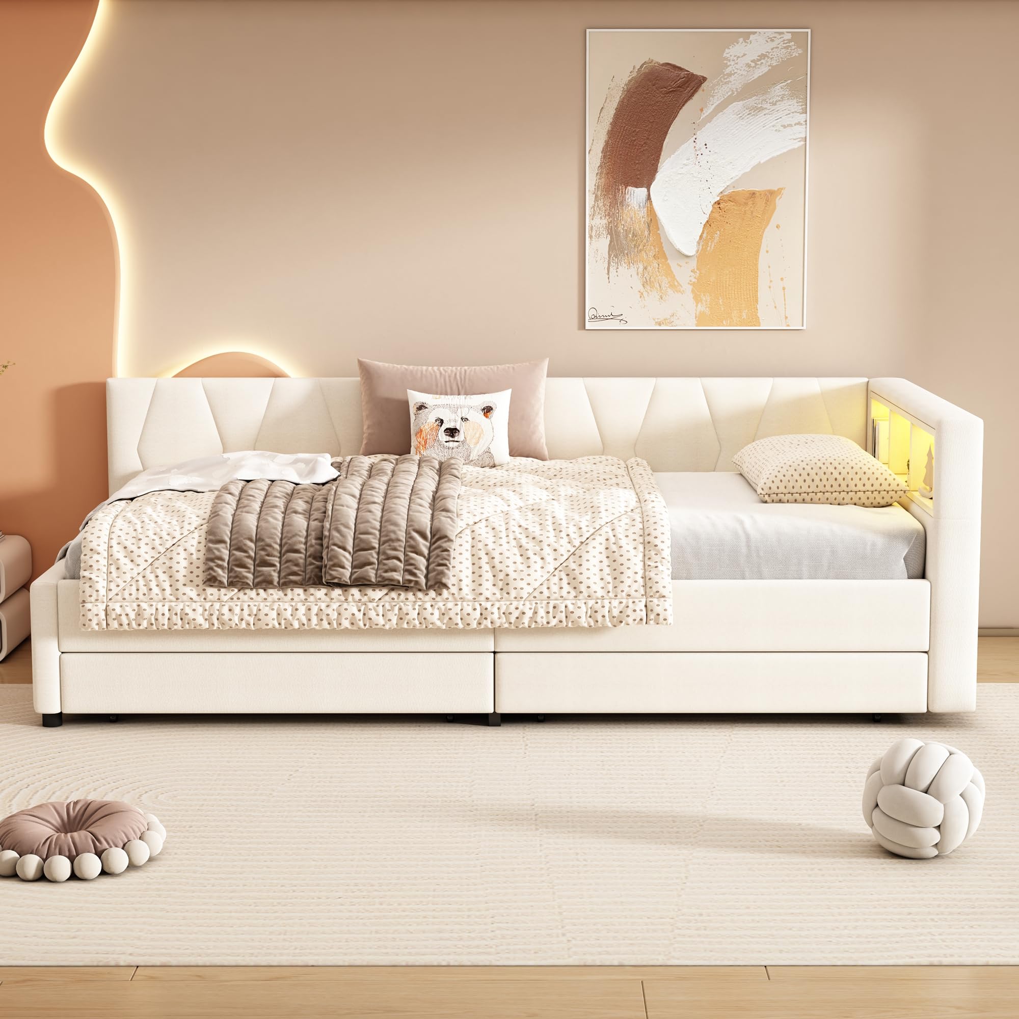Dolamaní Letto Beige A 90x200 con Cassetti LED Lino