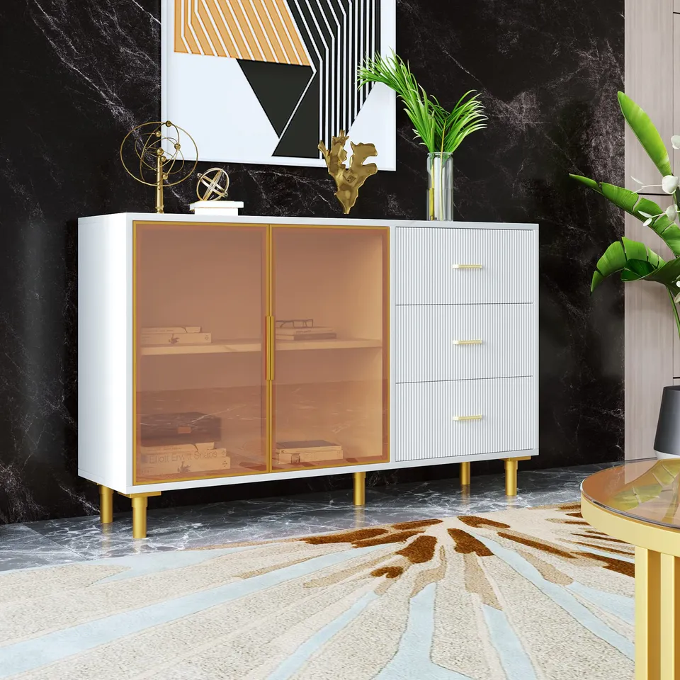 Dolamaní Credenza 150 cm bianca ante vetro marrone 3 cassetti