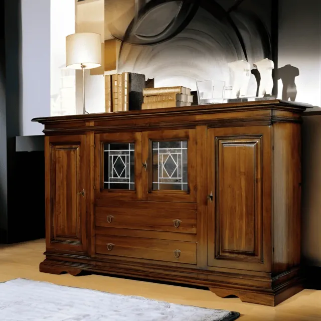 Epocantica Credenza Vetri Rilegati Massello Noce 196 cm