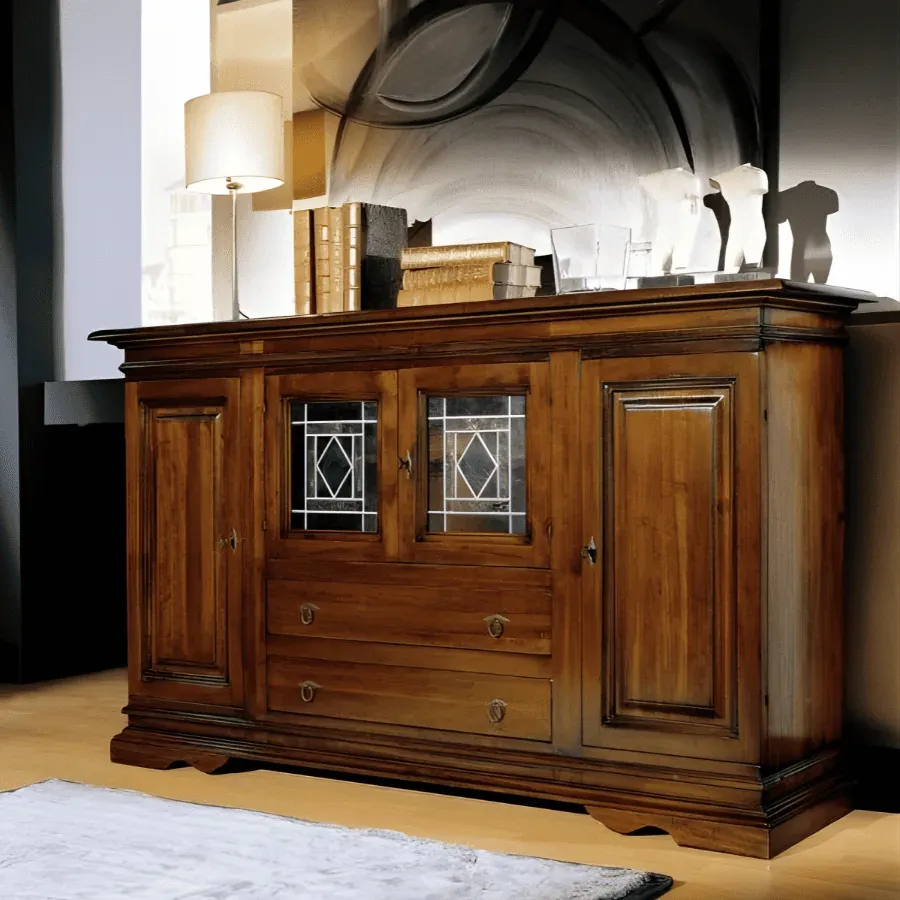 Epocantica Credenza Vetri Rilegati Massello Noce 196 cm