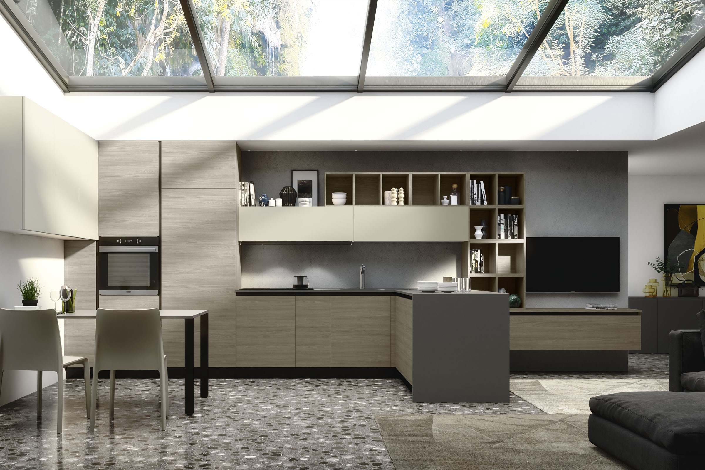 S75 Spot Irma cucina con penisola Olmo Light e Creta