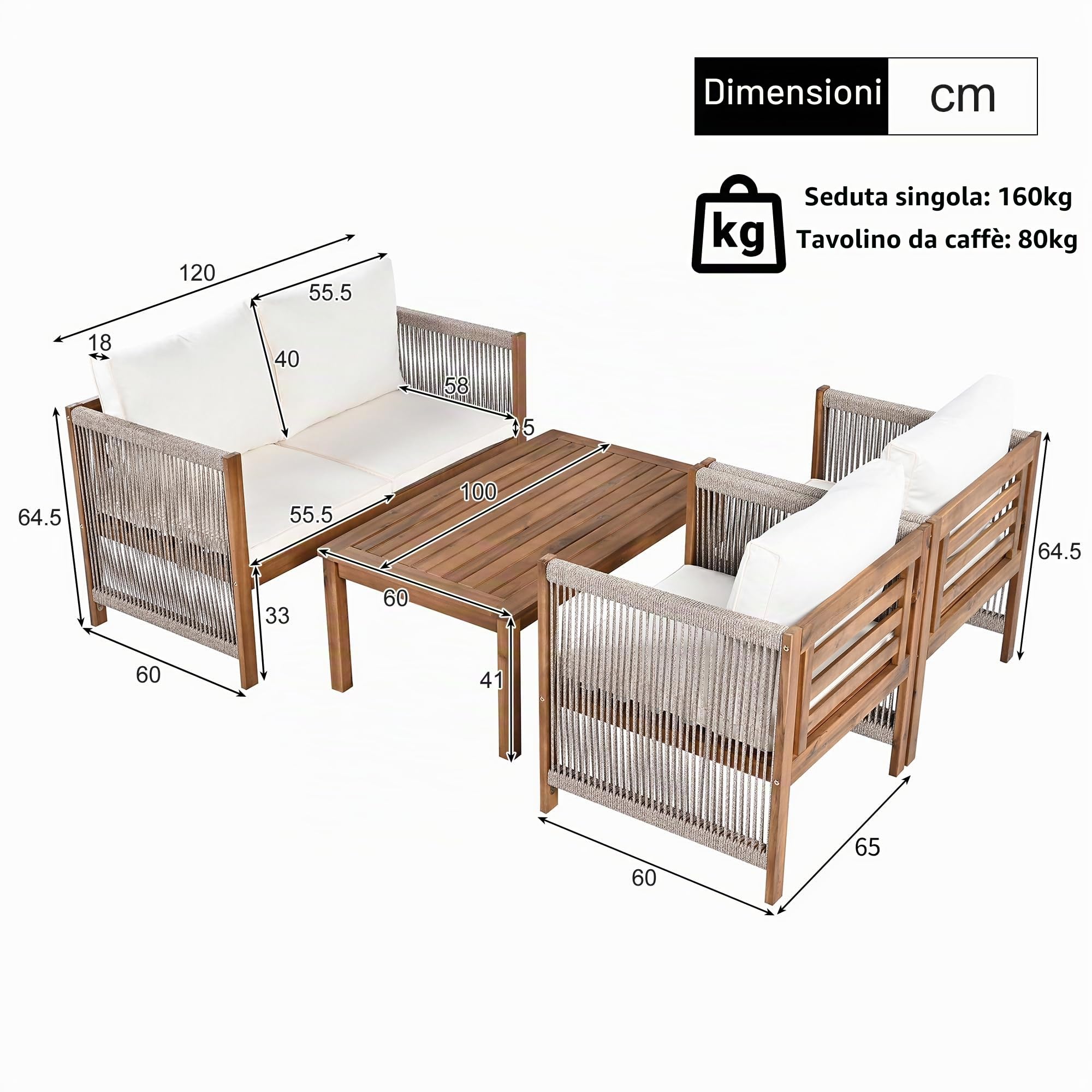 Dolamaní Set Salotto da Giardino Grigio 4 Pezzi Rattan Acacia