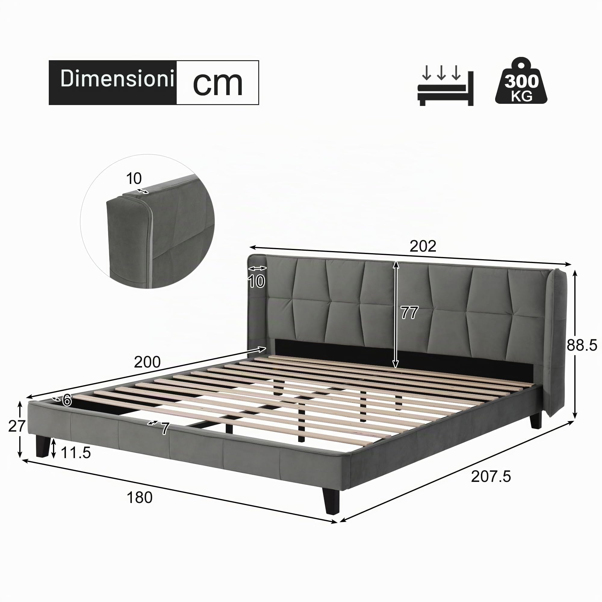 Dolamaní Letto imbottito 180x200 grigio velluto testiera