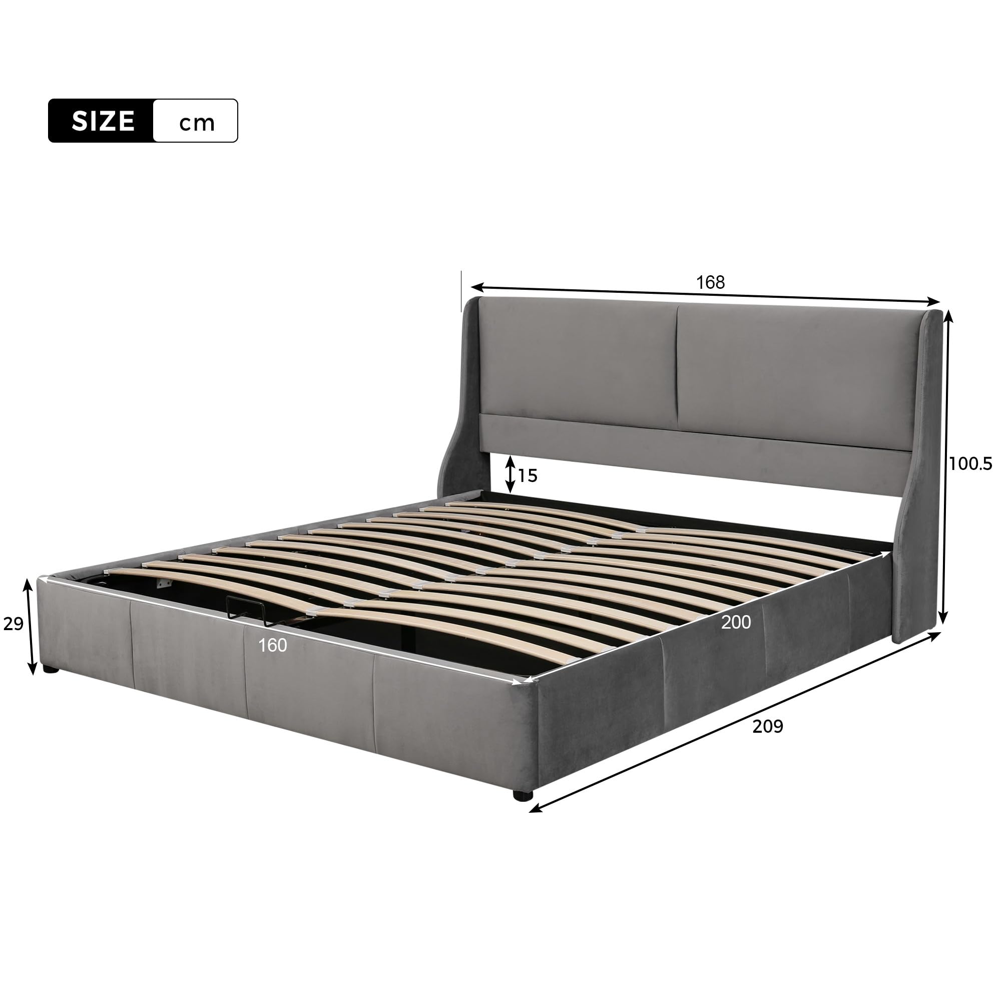 Dolamaní Letto Matrimoniale Contenitore 160x200 Grigio in Velluto