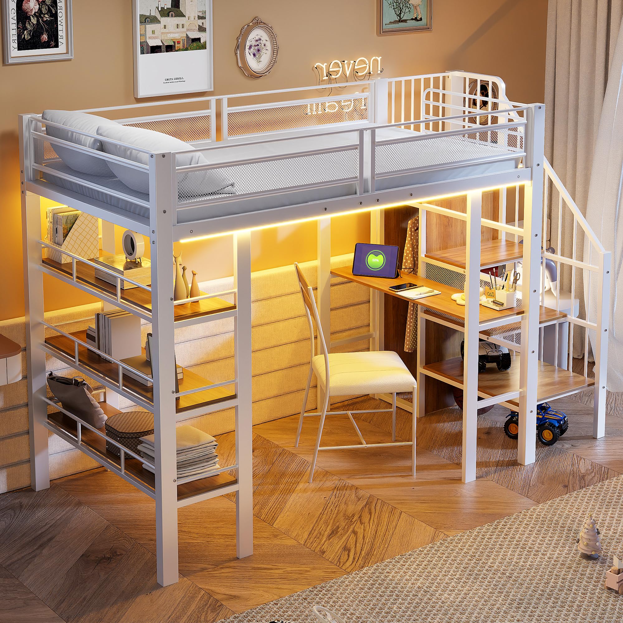 Dolamaní letto a soppalco 90x200 bianco metallo con LED