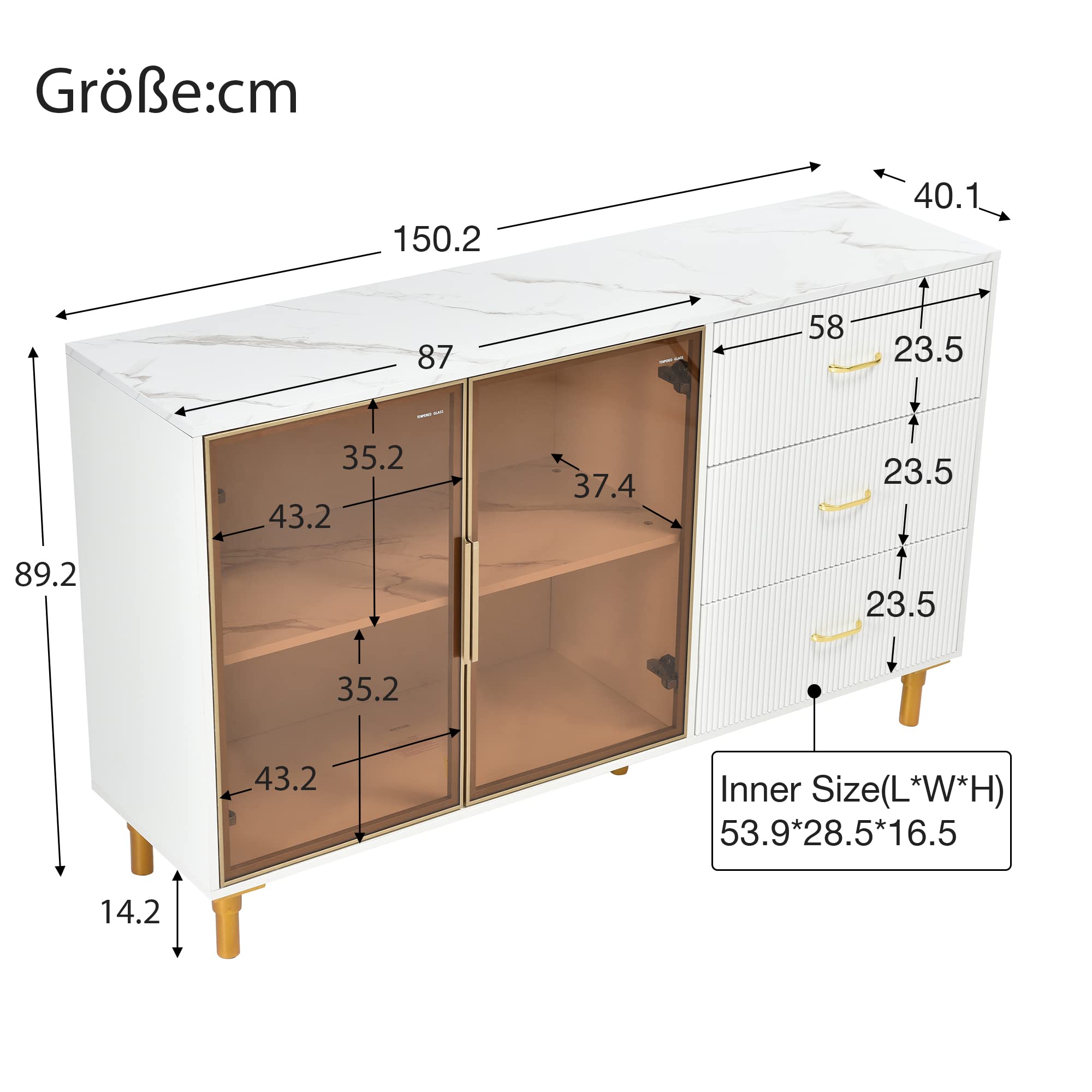 Dolamaní Credenza 150 cm bianca ante vetro marrone 3 cassetti