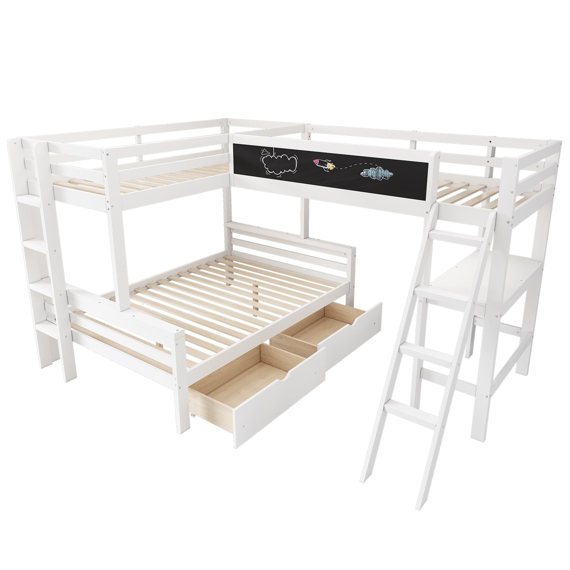 Dolamaní Letto a castello triplo bianco 90x200+140x200 con scrivania
