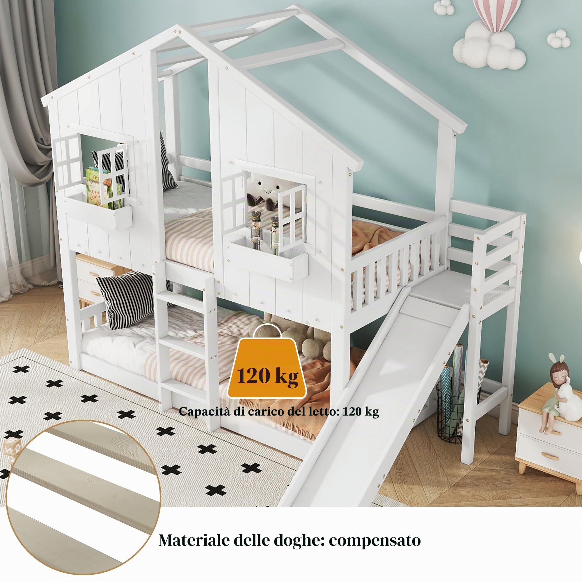 Dolamaní Letto a castello 90x200 con scivolo bianco
