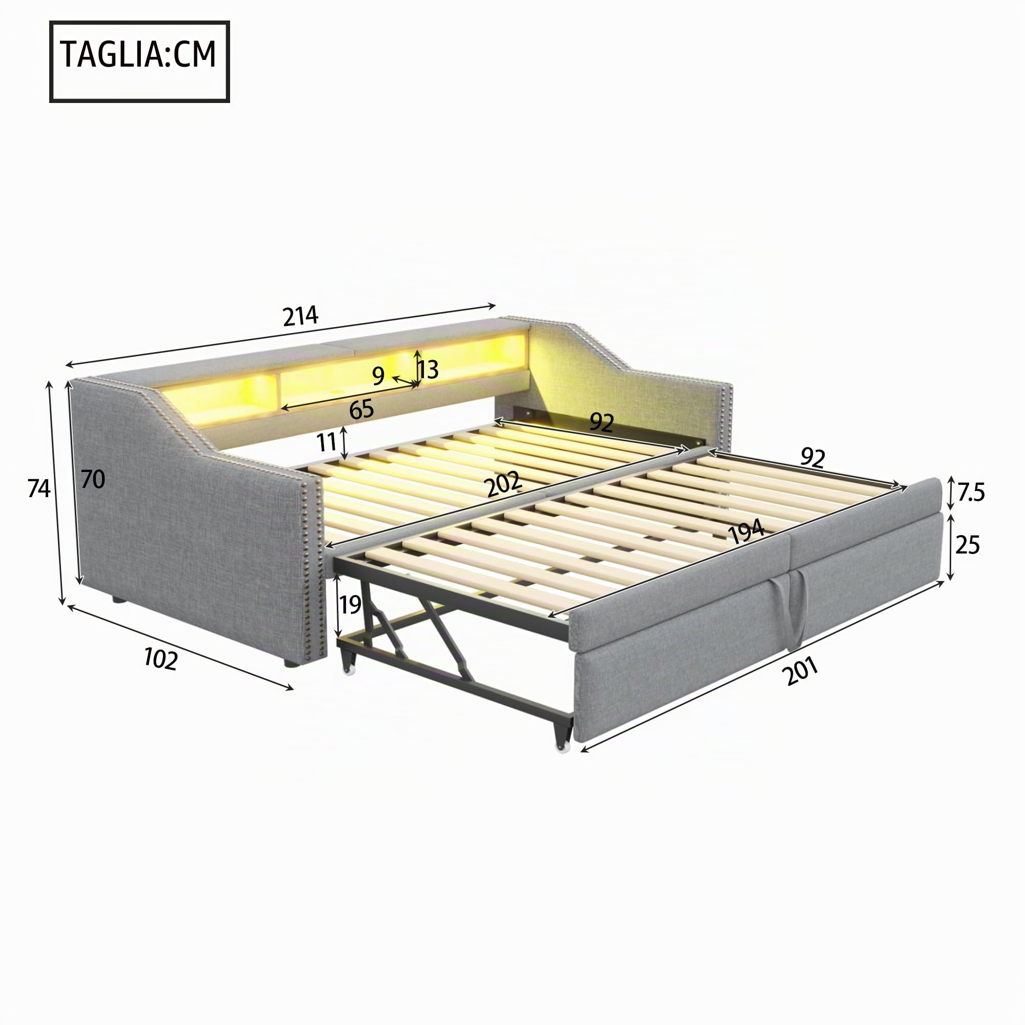 Dolamani Grigio Chiaro C Divano Letto Lino 90/180x200 cm