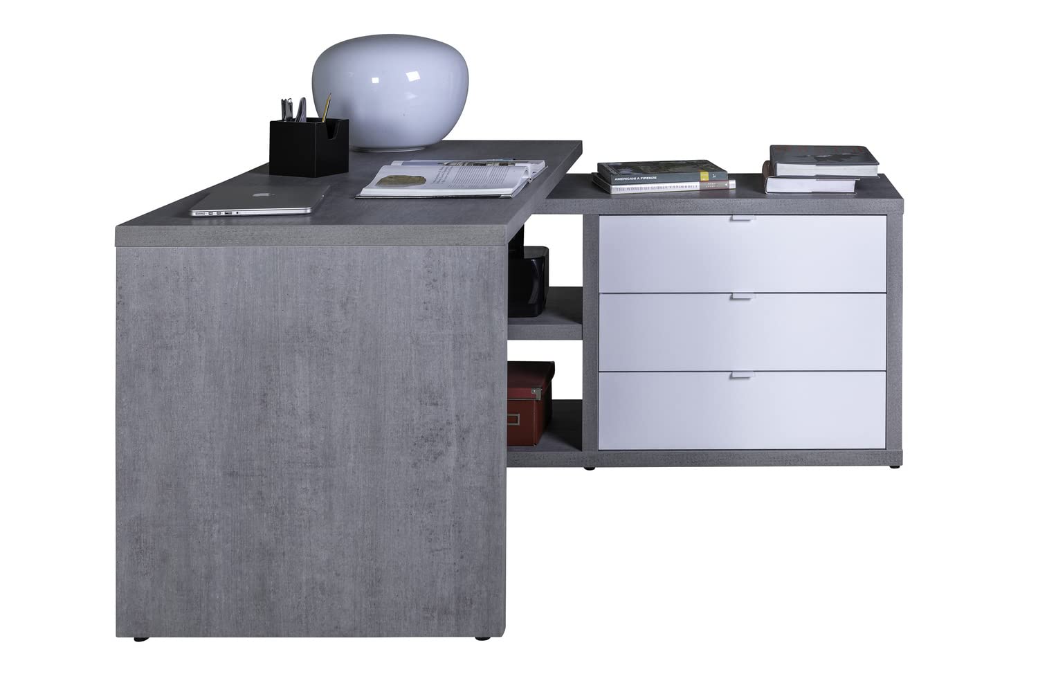 COMPOSAD Scrivania Angolare 3 Cassetti Grigio Cemento e Bianco