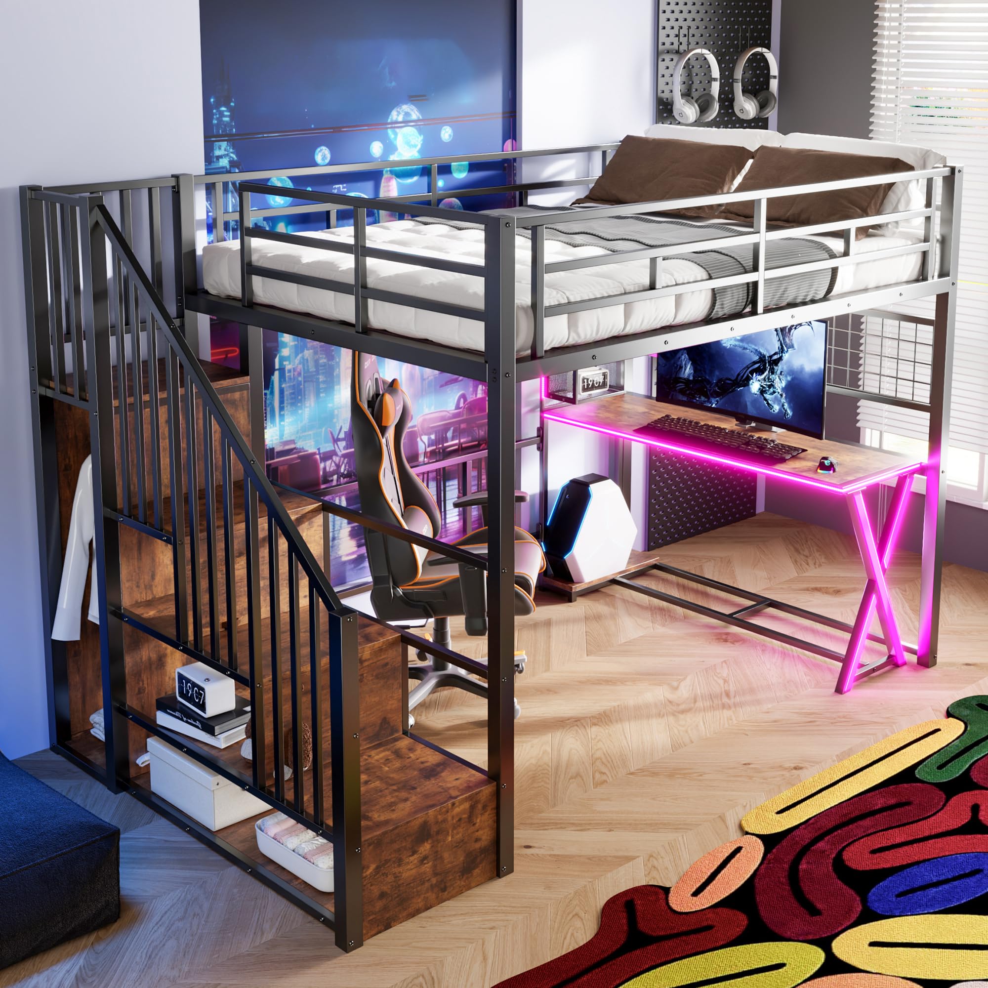 Dolamaní Letto a Soppalco 140x200 Nero con Scrivania e Armadio