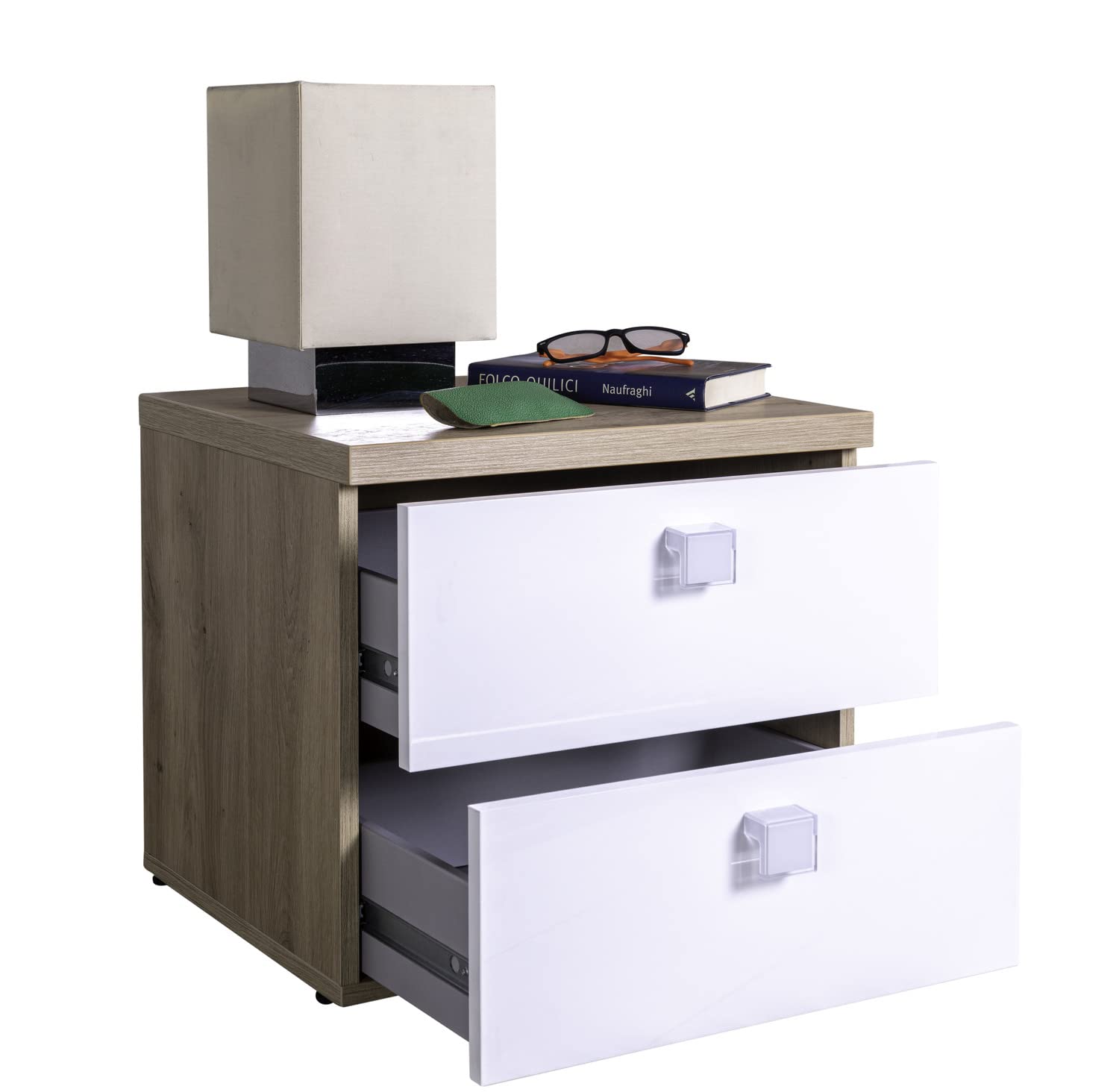 Composad Globo comodino 2 cassetti rovere bianco