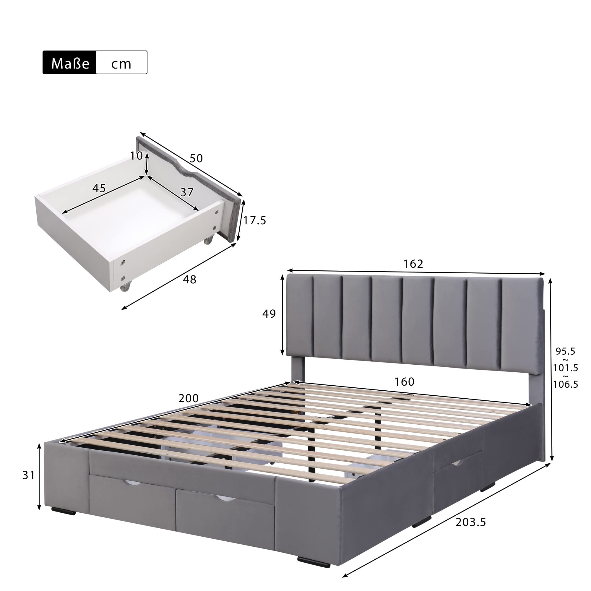 Dolamaní Letto matrimoniale 160x200 velluto grigio con 4 cassetti