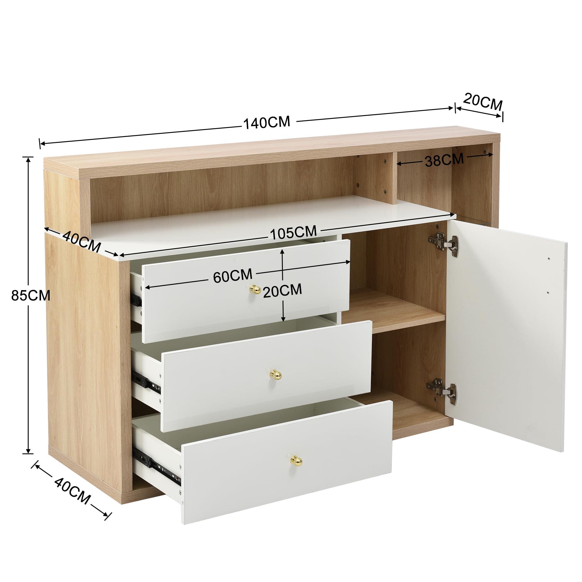 Dolamaní Credenza 140 cm bianca 3 cassetti ante vetro maniglie oro