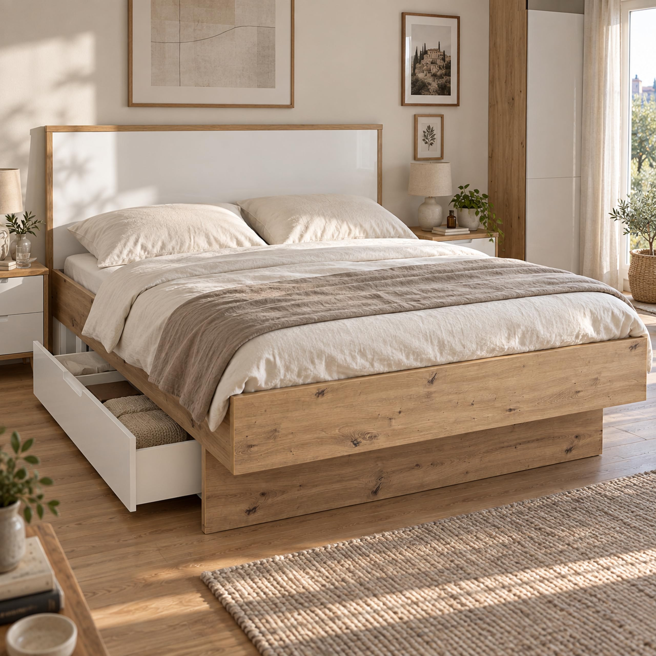 Composad Mundi Letto Contenitore 180x200 Rovere Mielato Bianco